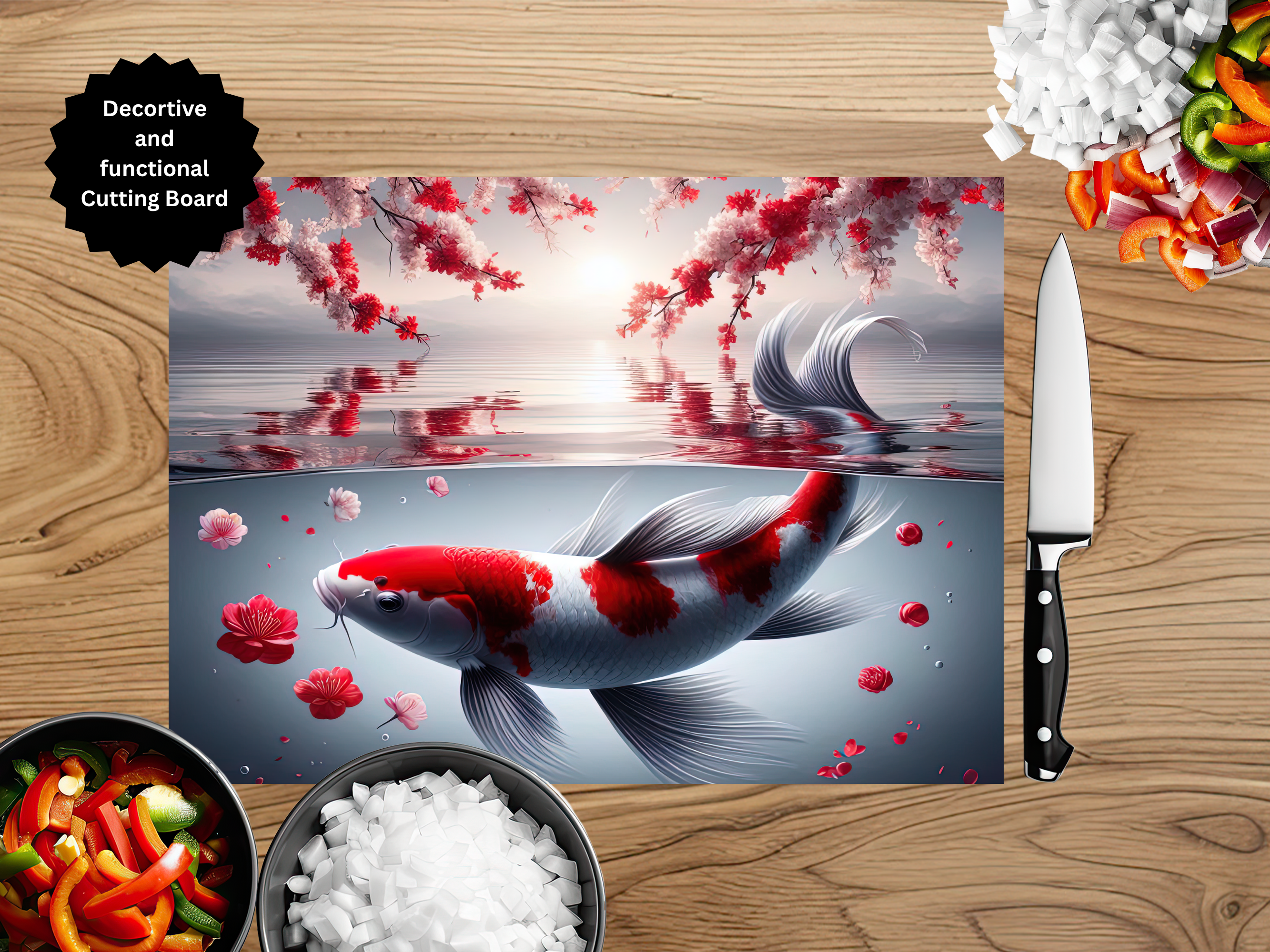 Koi Fish Glass Cutting Board - Tempered Glass Kitchen Board