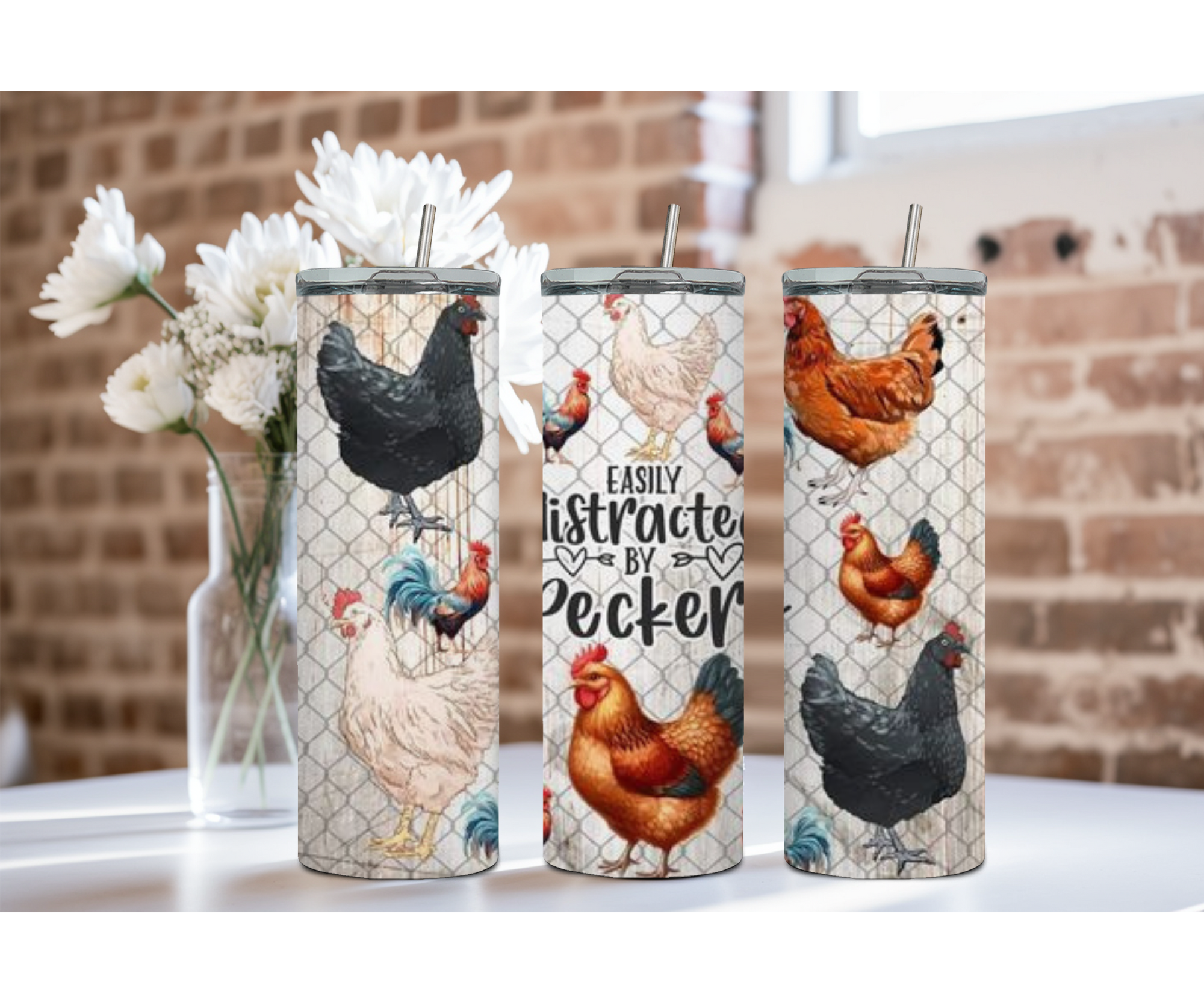 20 oz Happy Hen Chicken Stainless Steel Tumblers. Multiple Images Available