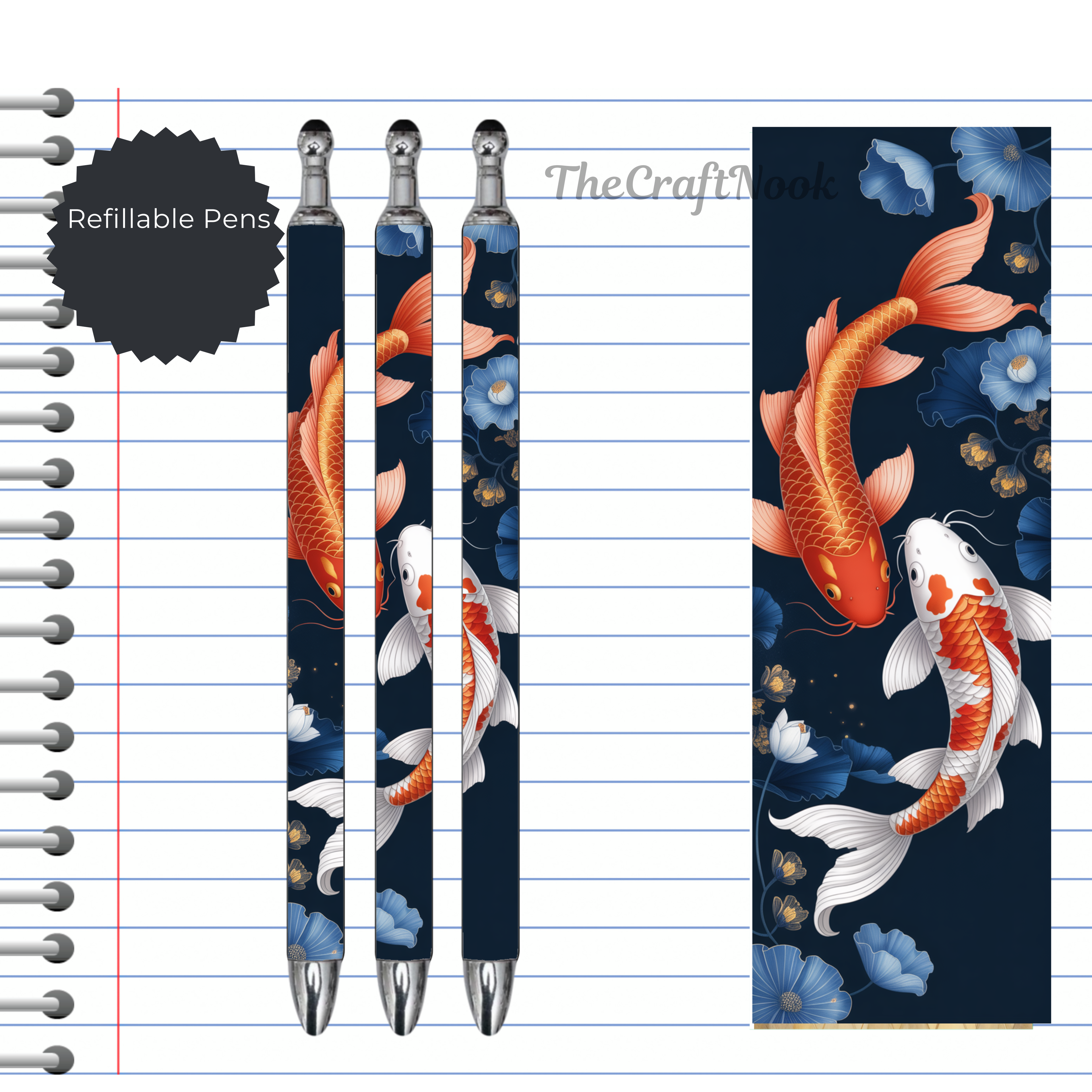 Koi Fish Refillable Pens, multiple options and Images available.