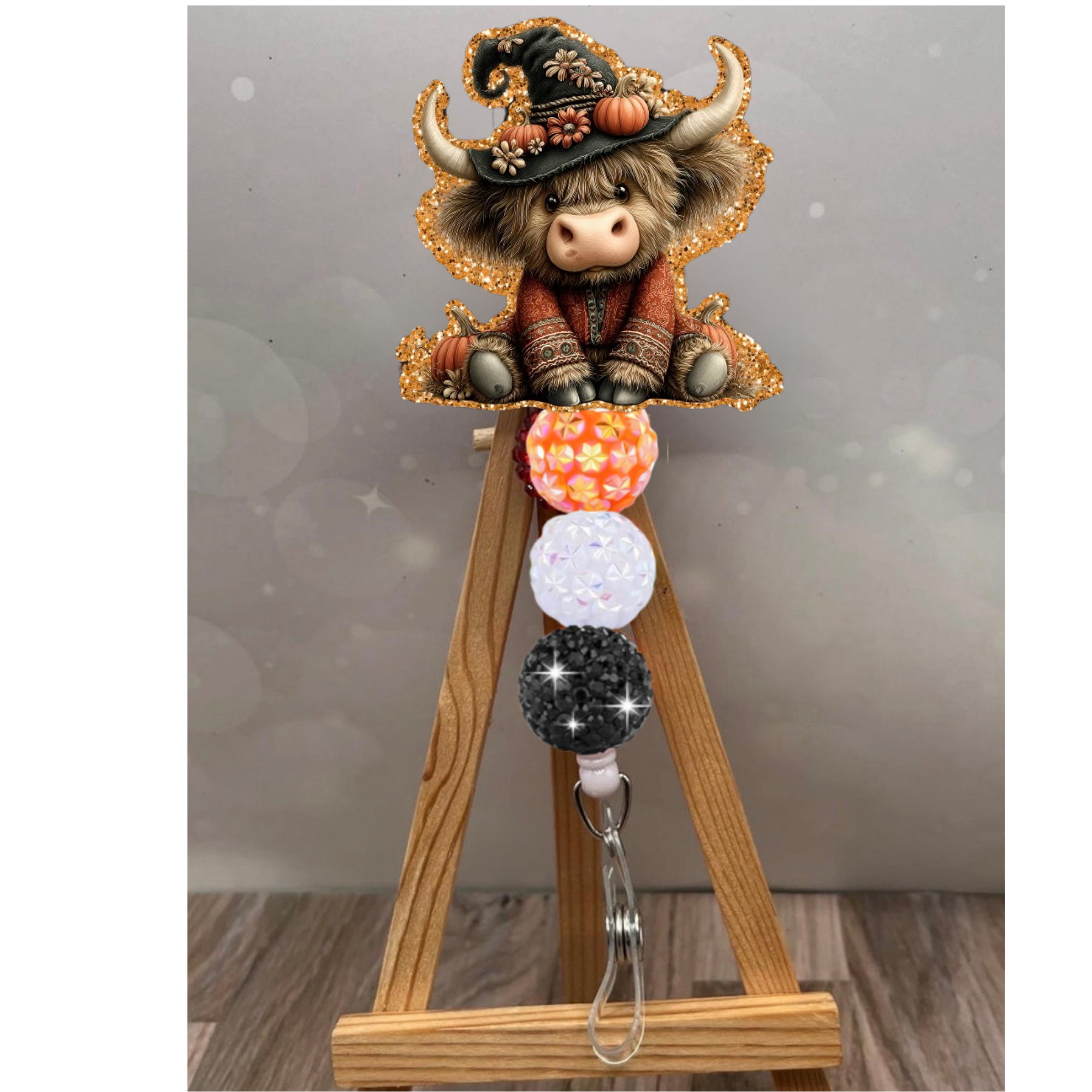 Halloween Highland Cow Badge Pull – Glitter Lanyard Accessory