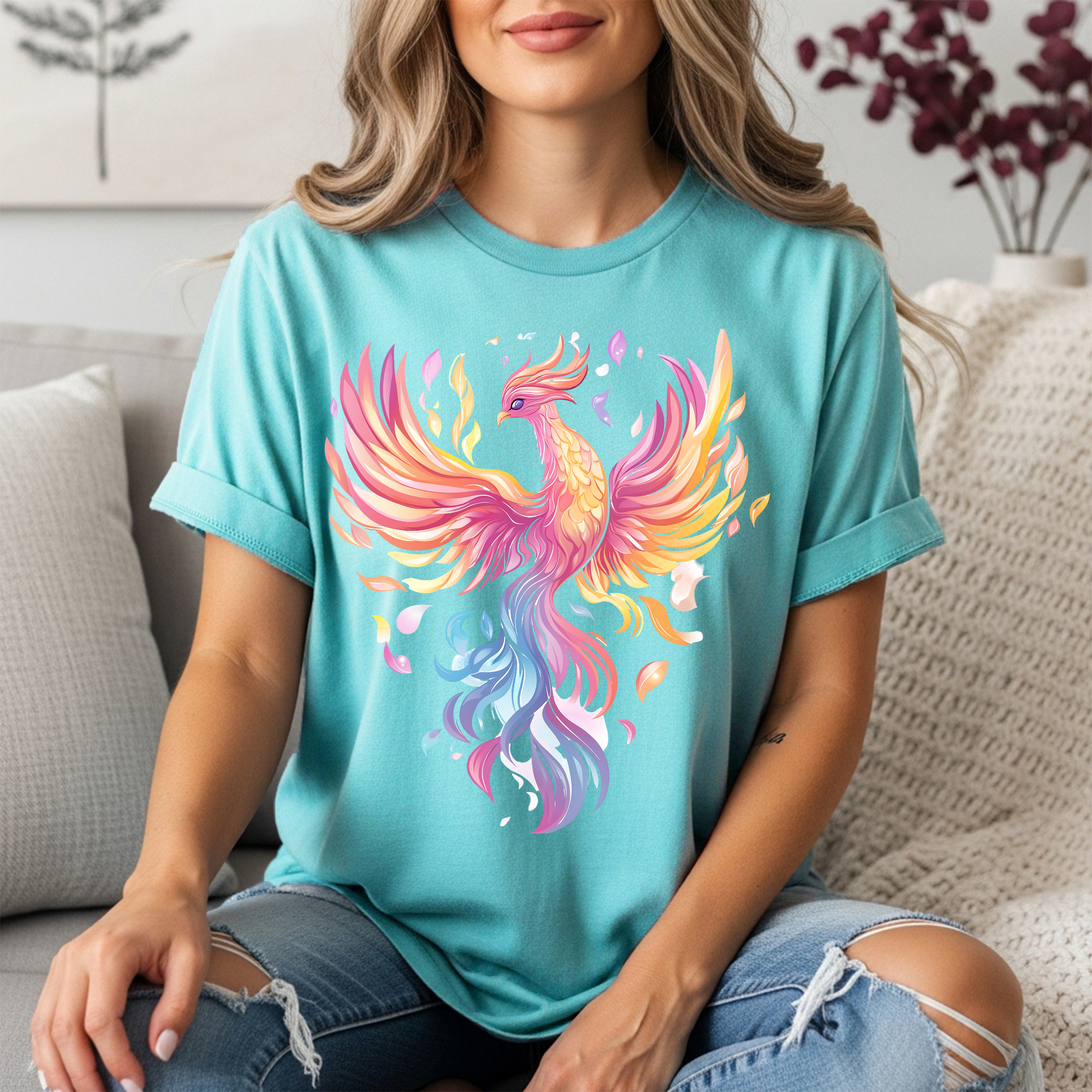 Pastel Phoenix T-Shirt - Soft Mythical Fire Bird Tee in Dreamy Colors