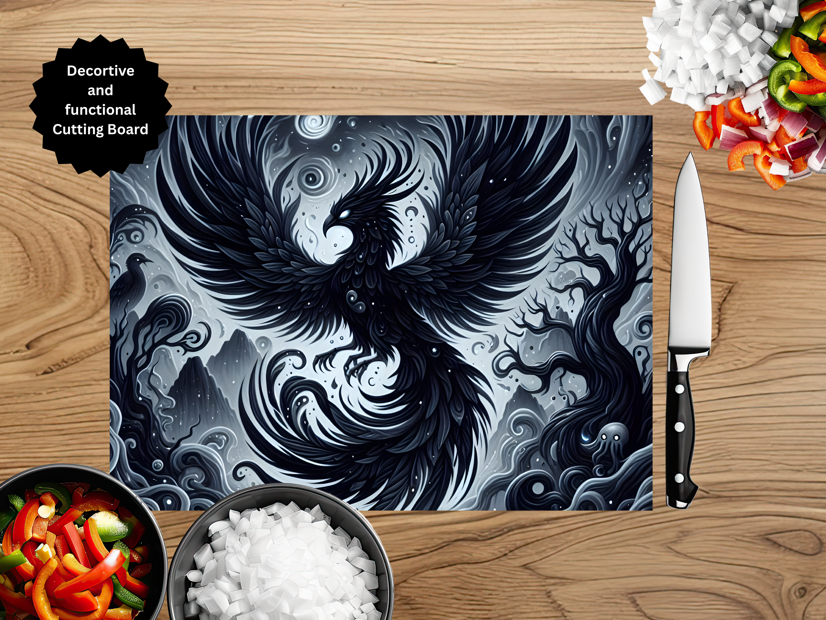 Phoenix Glass Cutting Board - Tempered Glass Kitchen Board with Fire Bird Design
