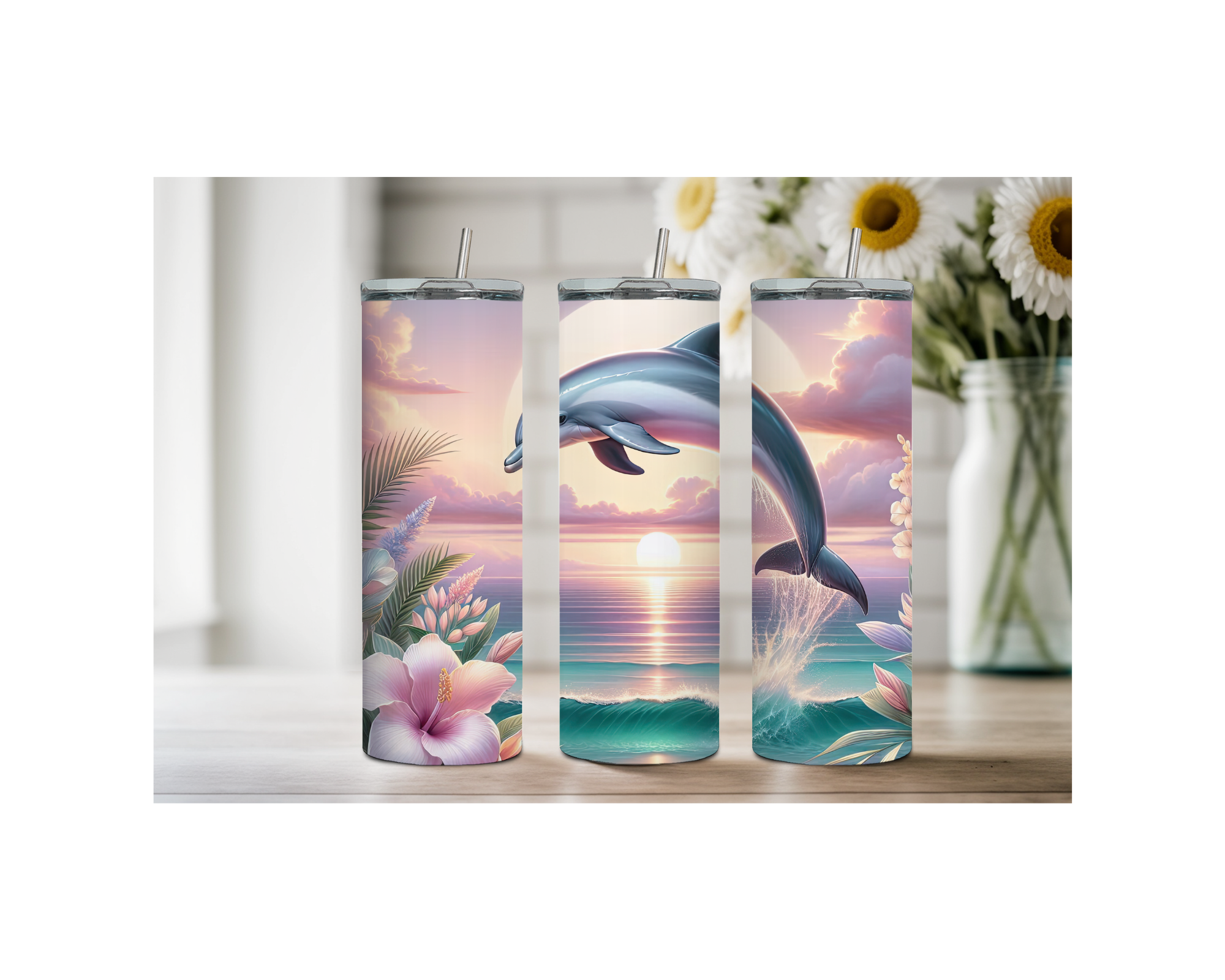 Splash of Happiness Dolphin – 20 oz Stainless-Steel Tumblers. Multiple Sizes and Images Available.