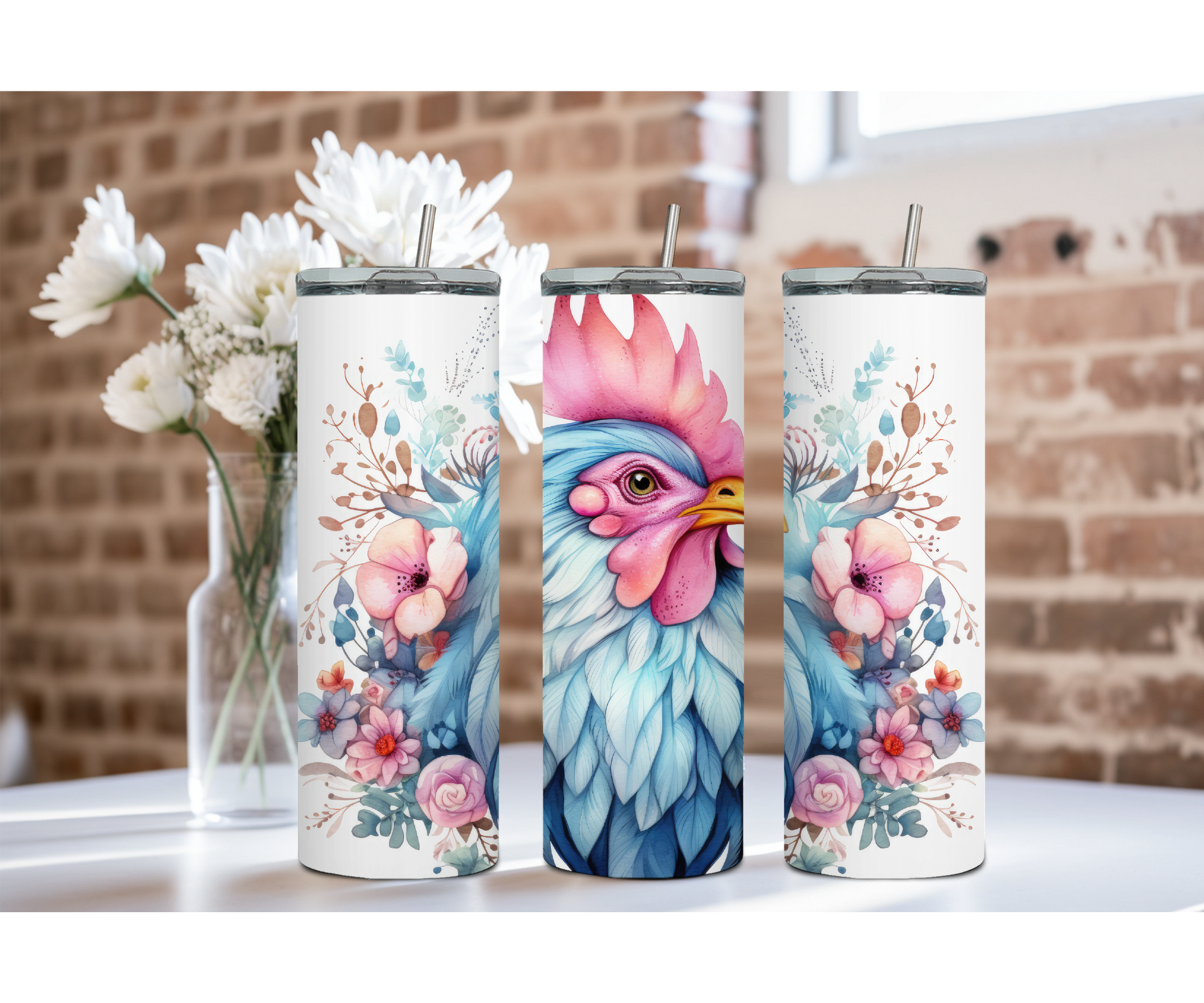20 oz Happy Hen Chicken Stainless Steel Tumblers. Multiple Images Available