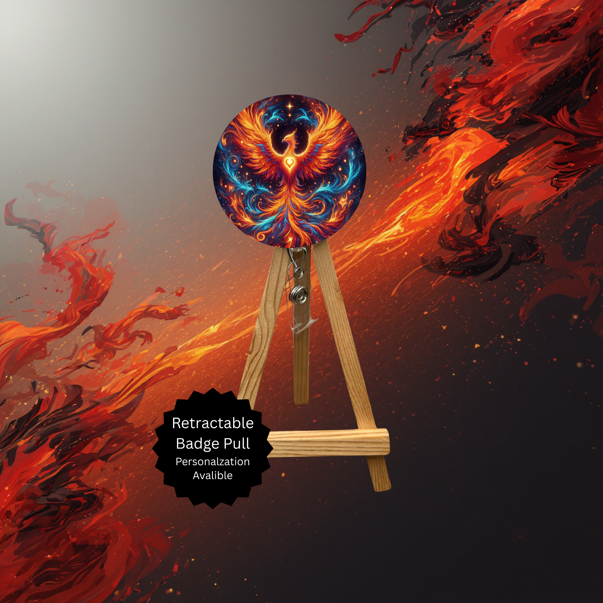 Phoenix Badge Pulls - Mythical Fire Bird ID Holder with Beads & Glitter Options