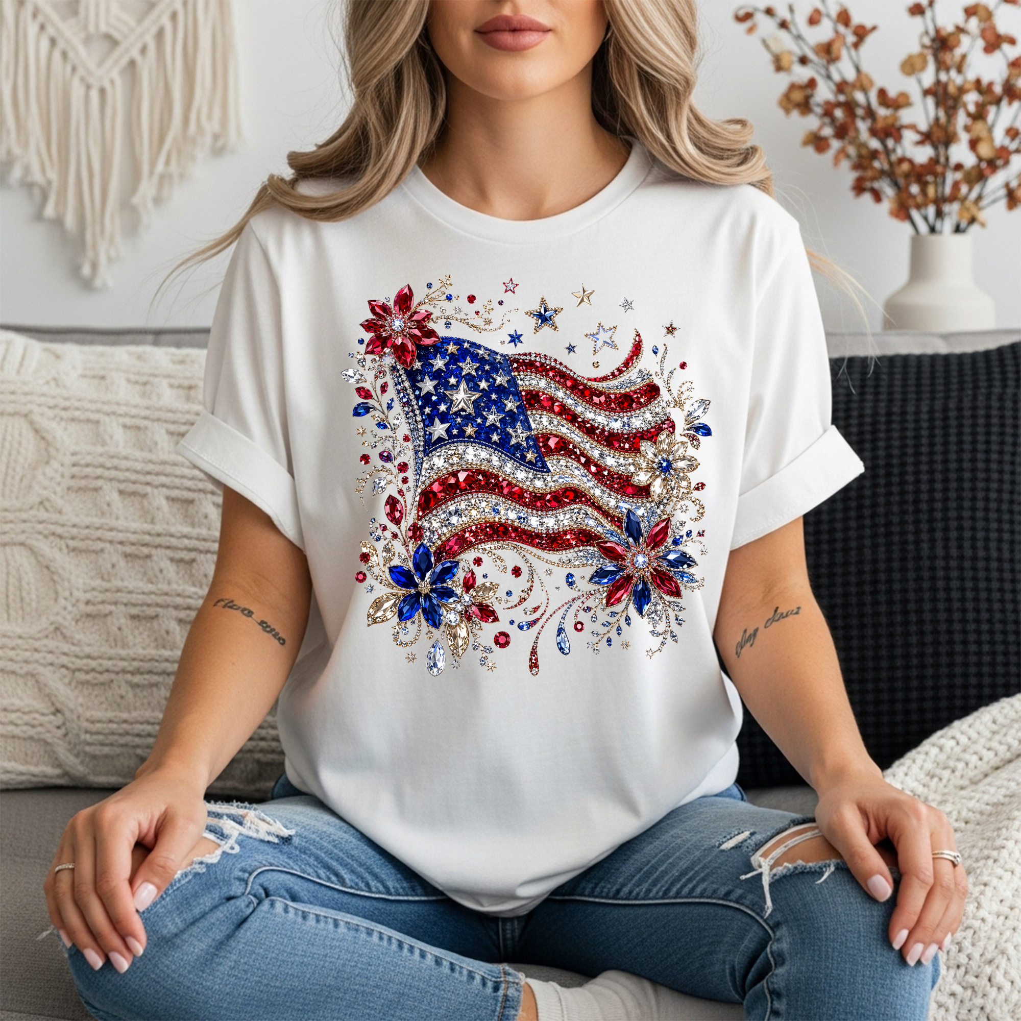 Faux Rhinestone American Flag Graphic Tee | Patriotic Shirt