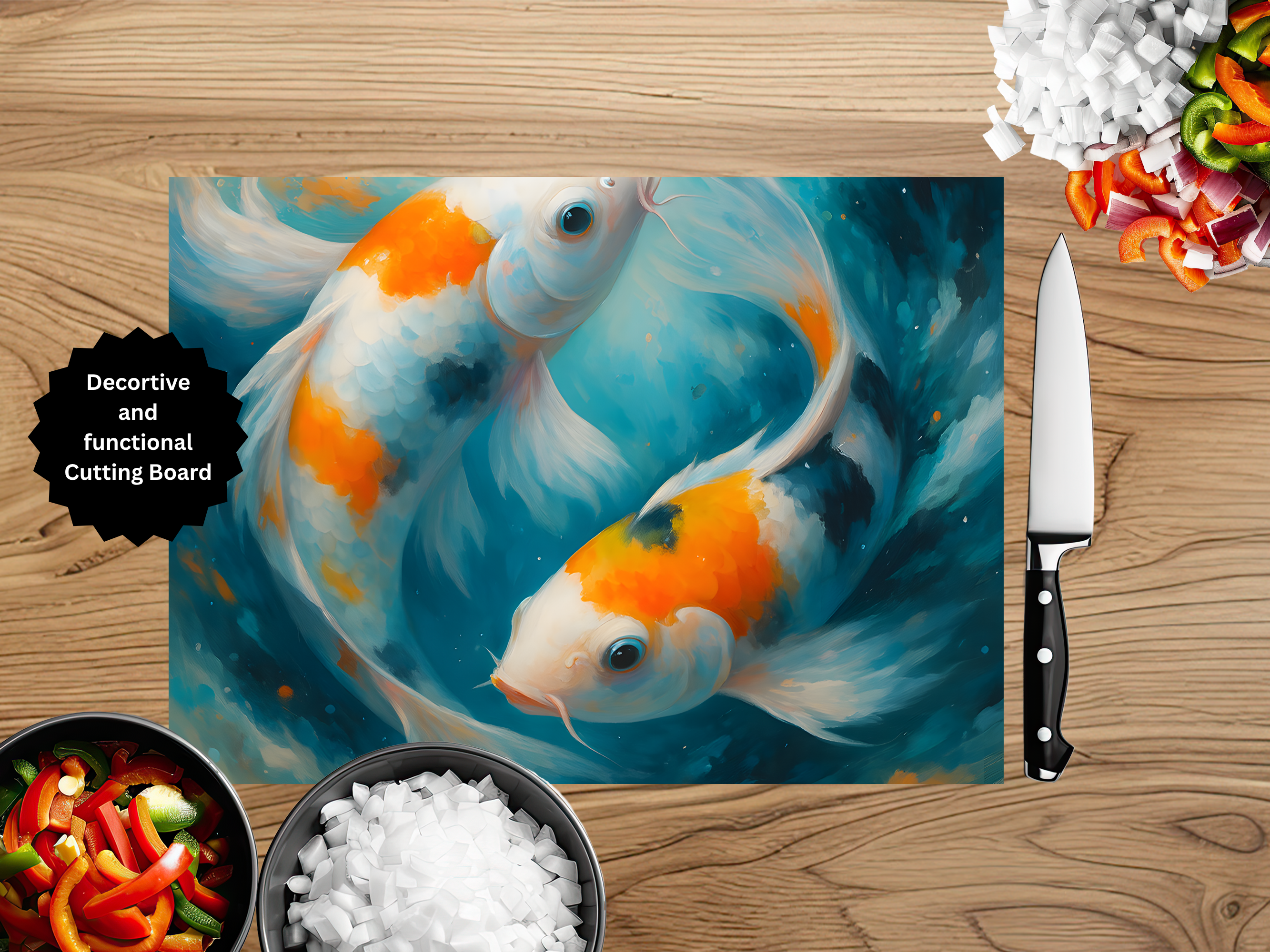 Koi Fish Glass Cutting Board - Tempered Glass Kitchen Board