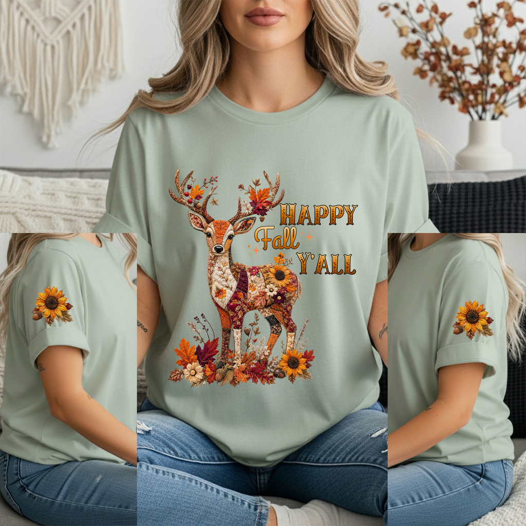 Woodland Deer Patchwork Sleeve Graphic Tee