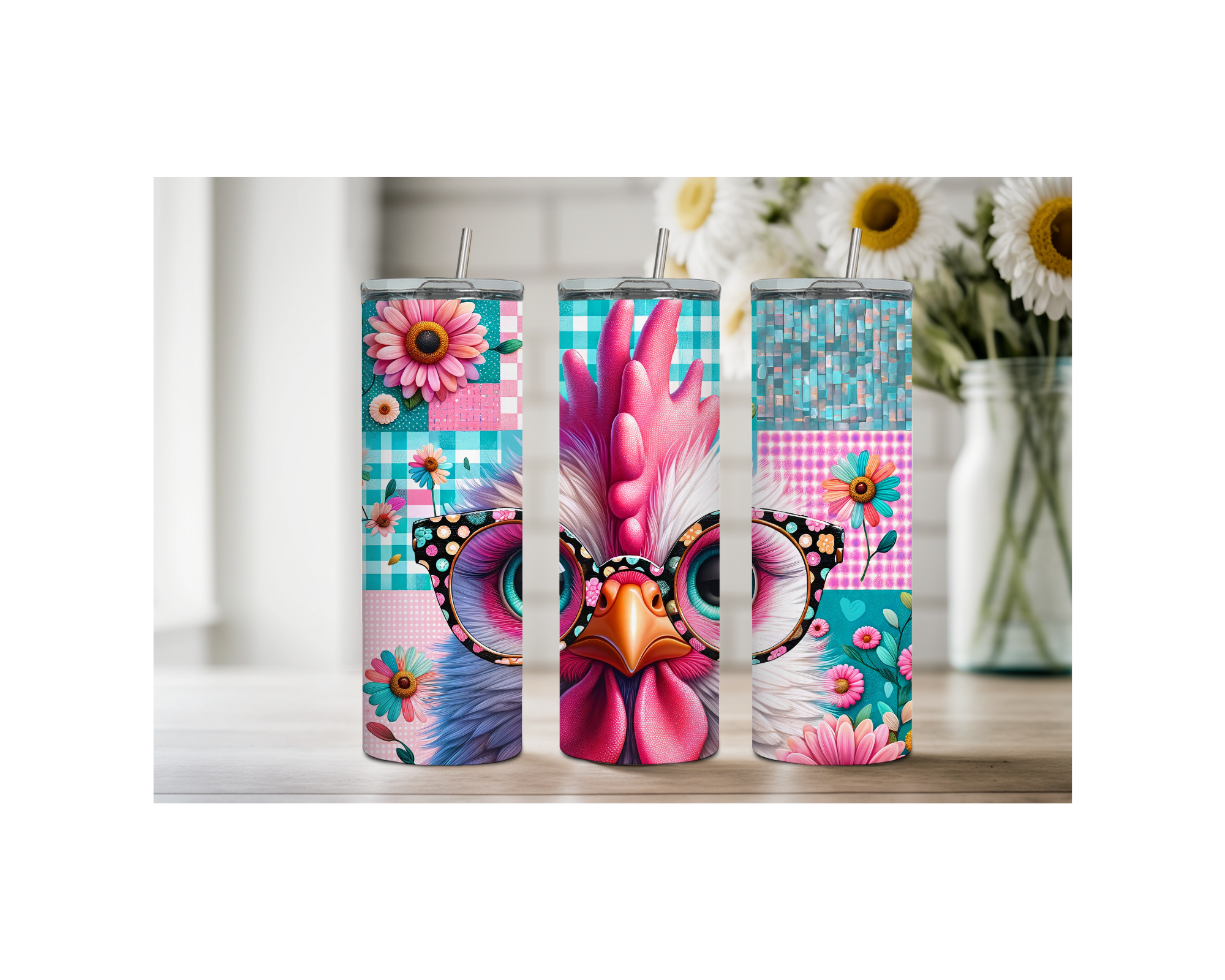 20 oz Happy Hen Chicken Stainless Steel Tumblers. Multiple Images Available
