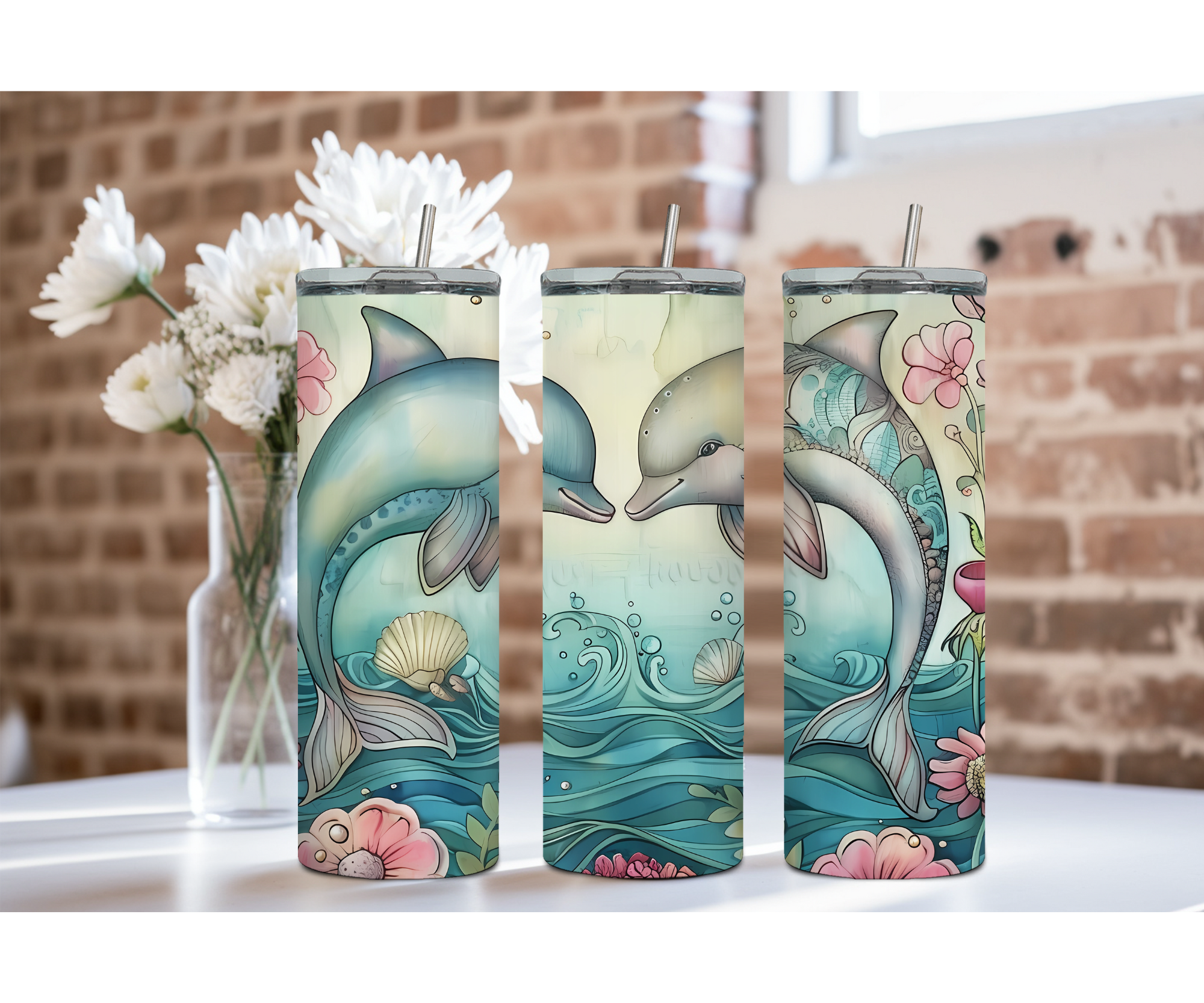 Splash of Happiness Dolphin – 20 oz Stainless-Steel Tumblers. Multiple Sizes and Images Available.