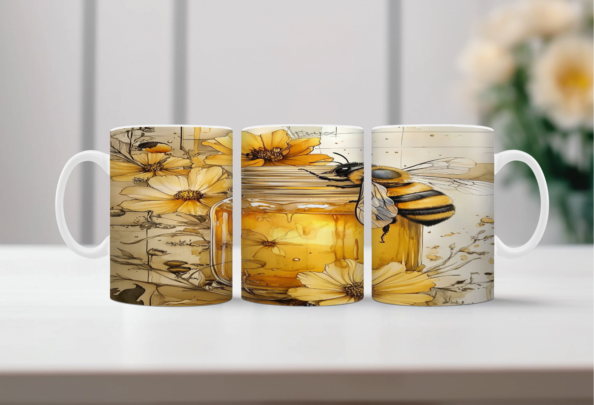 Buzzing Into the Day Honeybee Coffee Mugs. Two size options. Multiple images to choose.