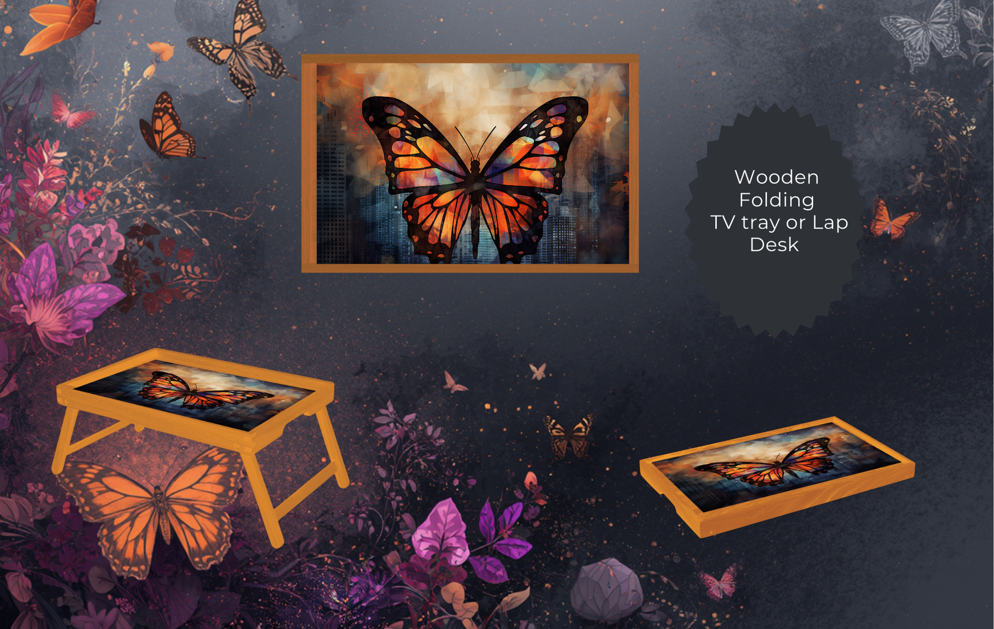 Butterfly Folding TV Trays - Handcrafted Wooden Serving Trays with Glitter