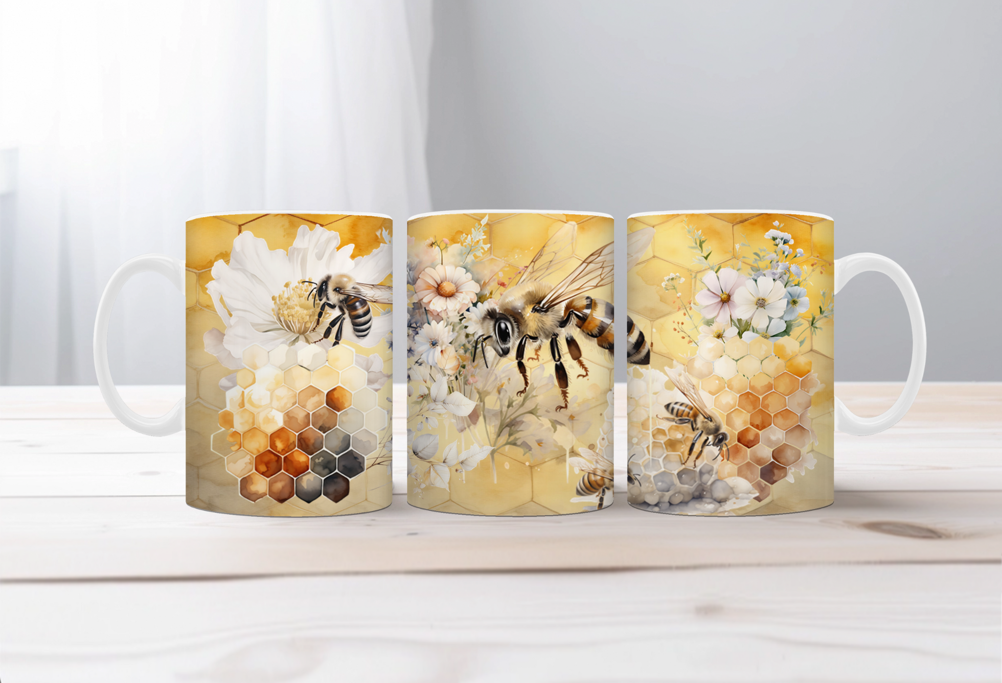Buzzing Into the Day Honeybee Coffee Mugs. Two size options. Multiple images to choose.