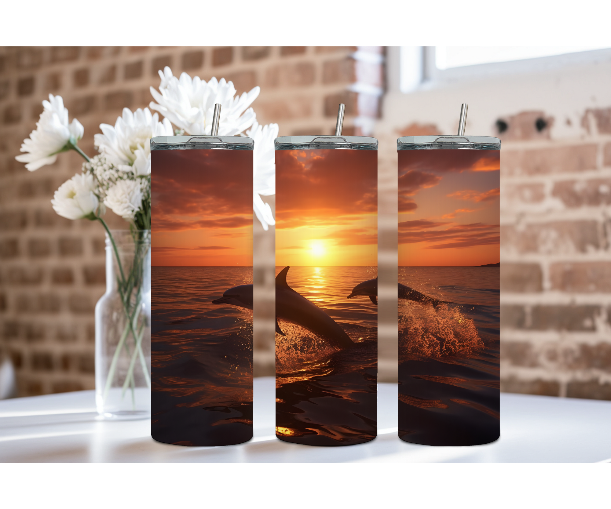 Splash of Happiness Dolphin – 20 oz Stainless-Steel Tumblers. Multiple Sizes and Images Available.