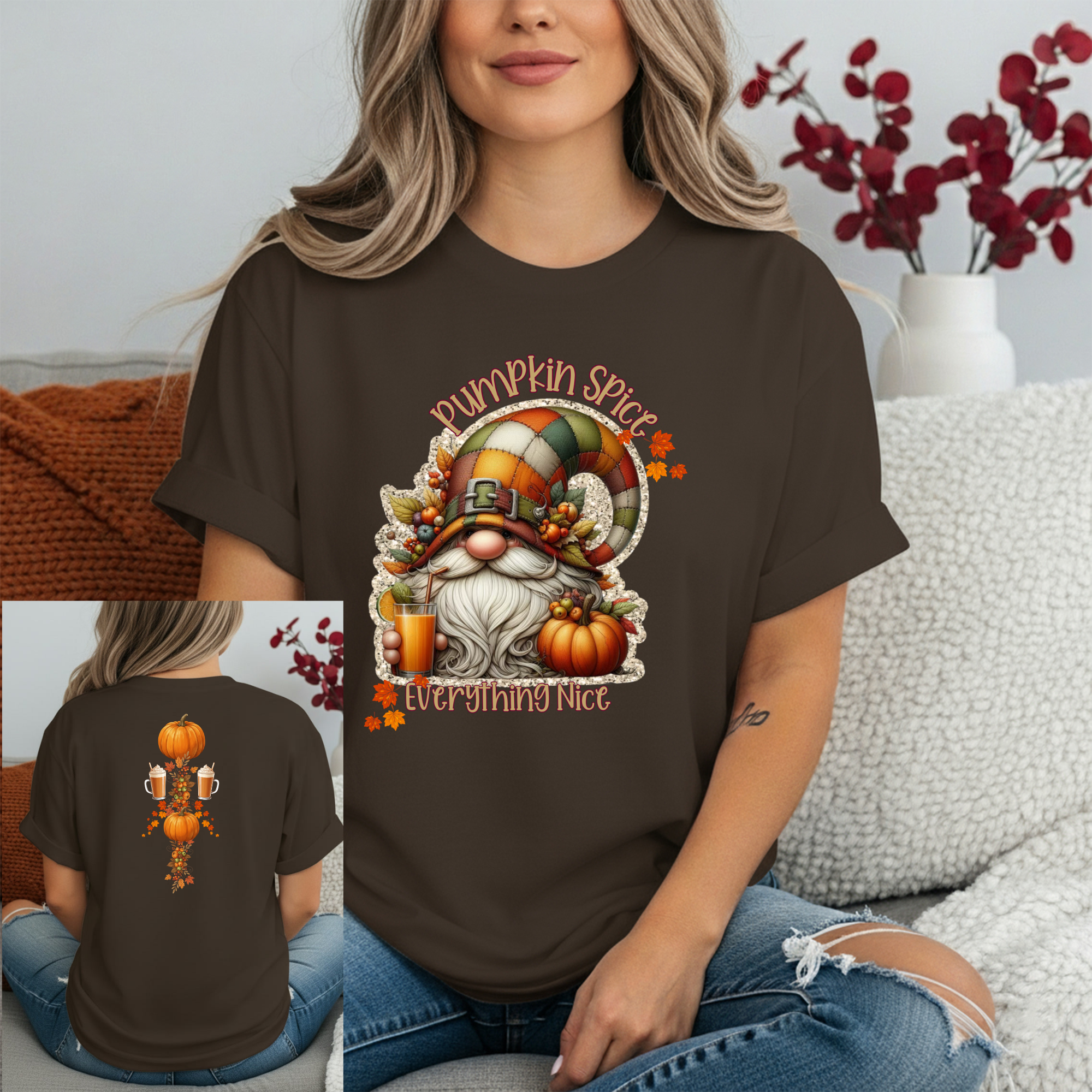 Pumpkin Spice Gnome T-Shirt with Front & Back Graphics