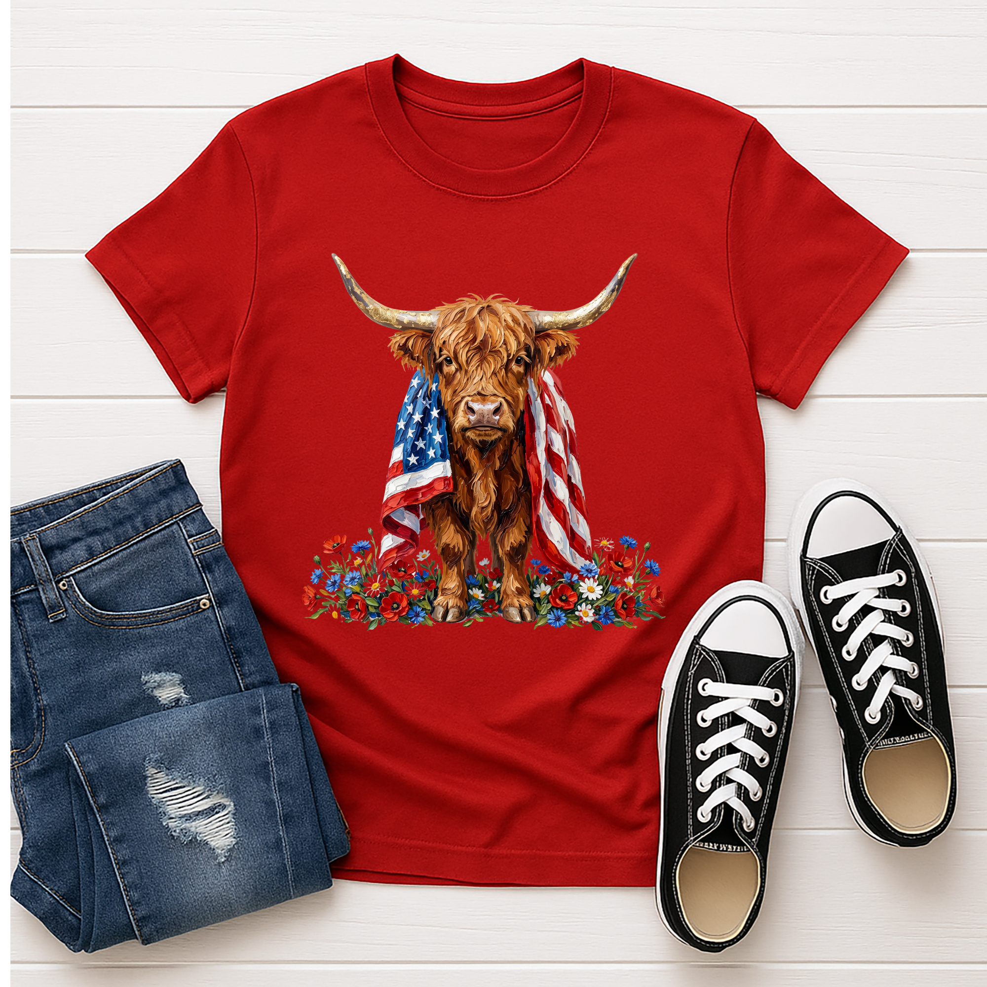 Patriotic Highland Cow T-Shirt
