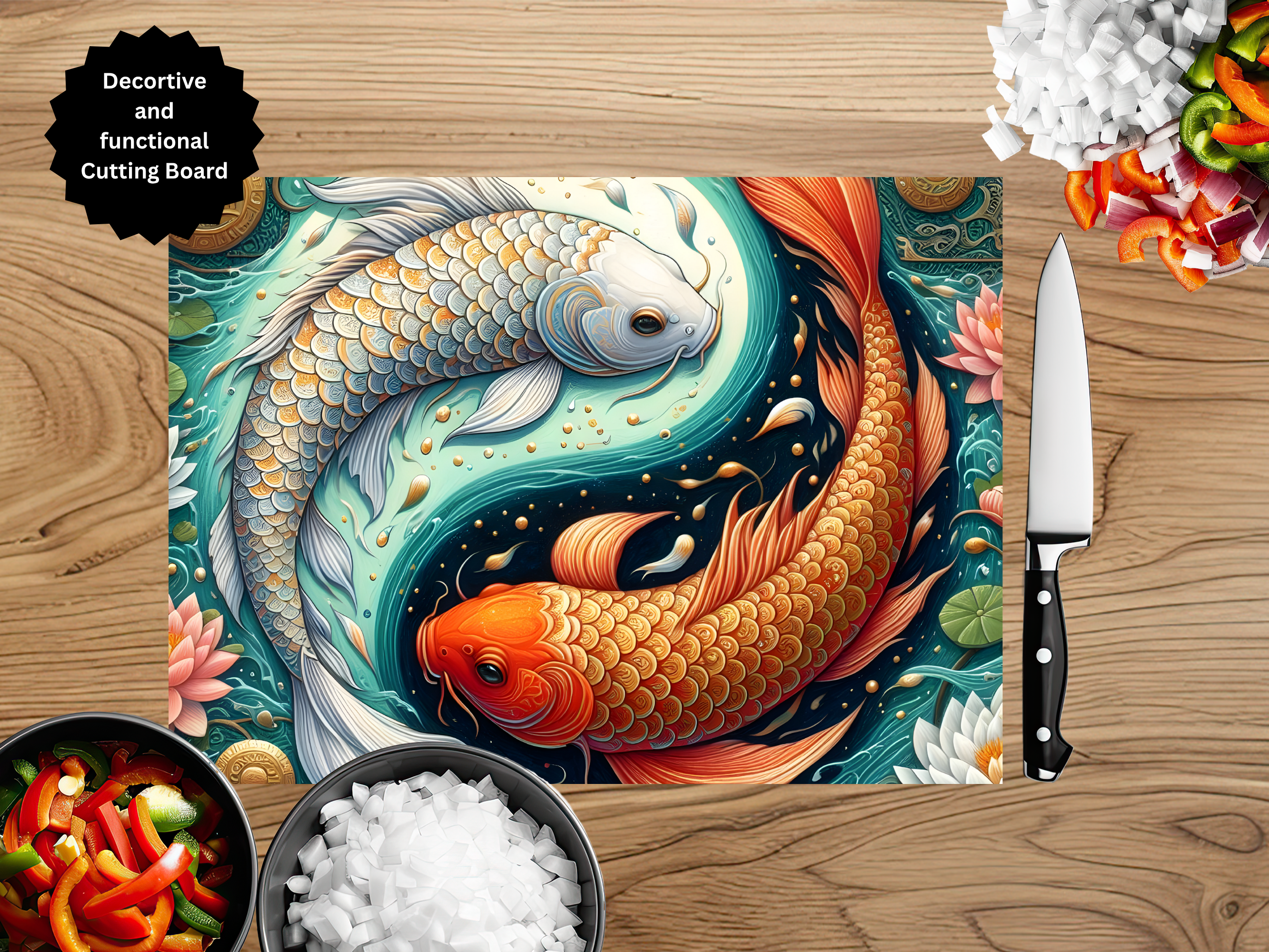 Koi Fish Glass Cutting Board - Tempered Glass Kitchen Board