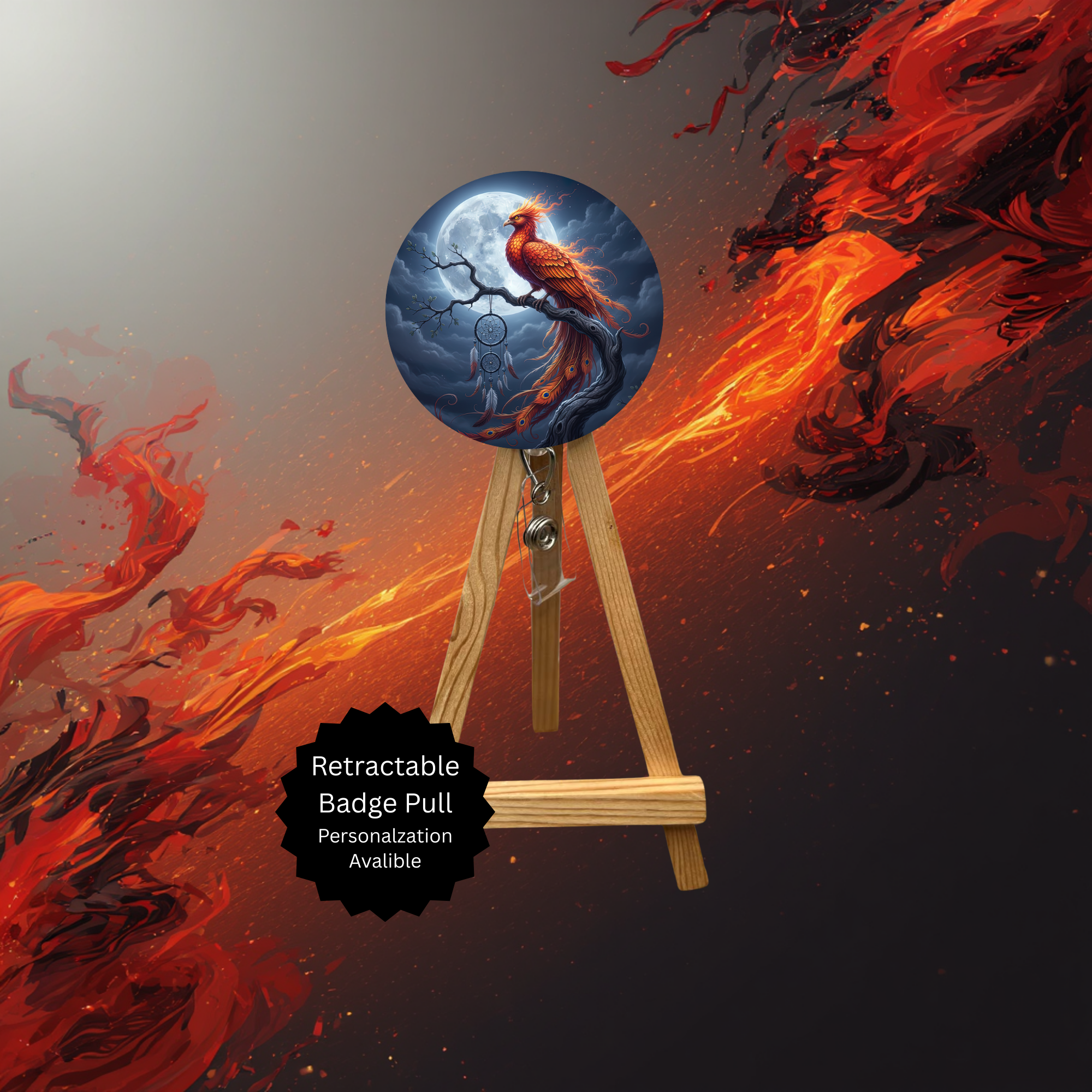 Phoenix Badge Pulls - Mythical Fire Bird ID Holder with Beads & Glitter Options