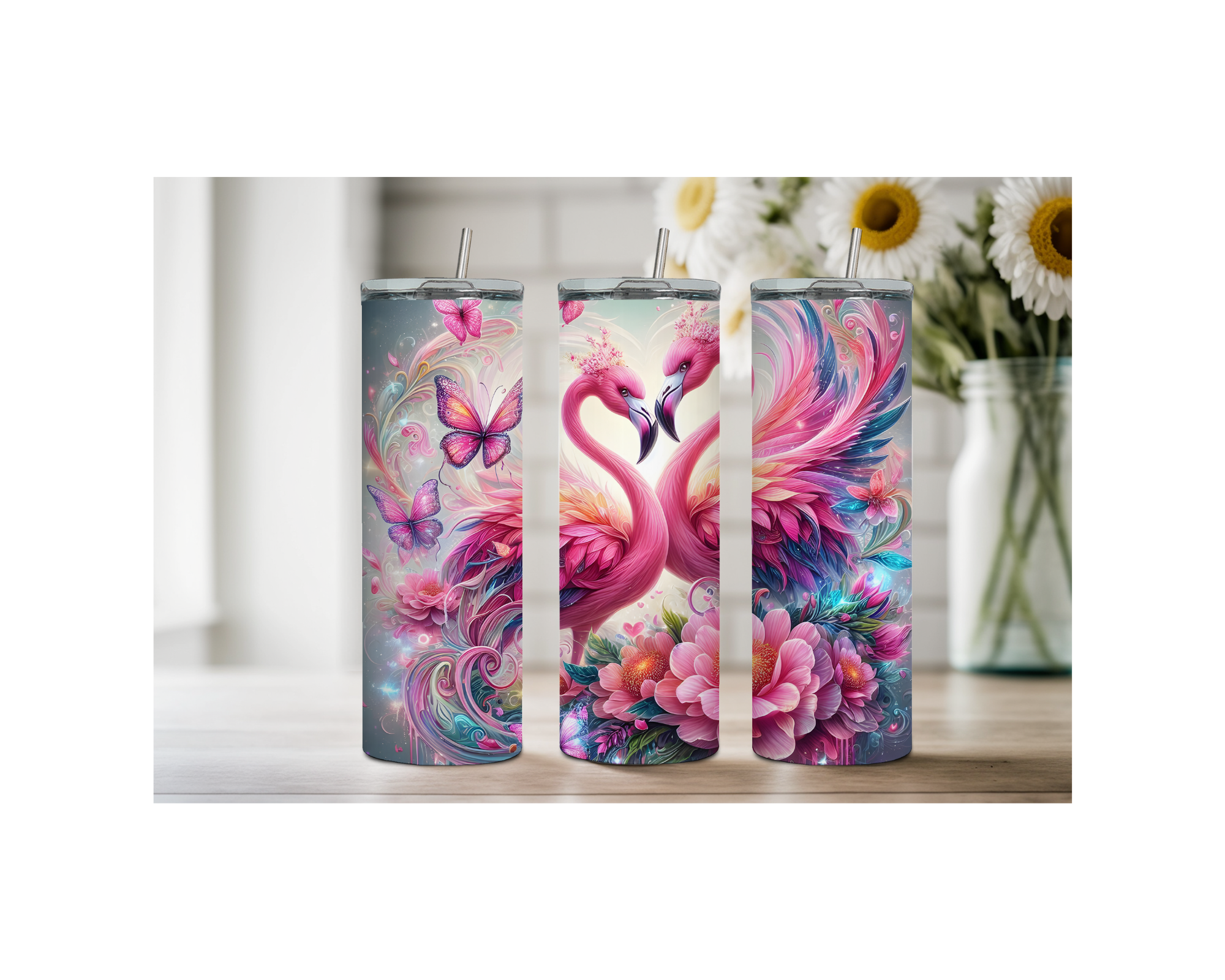 20 oz Pink Paradise Whimsy, Flamingo Stainless-Steel Tumblers. Multiple Sizes and Images Available.