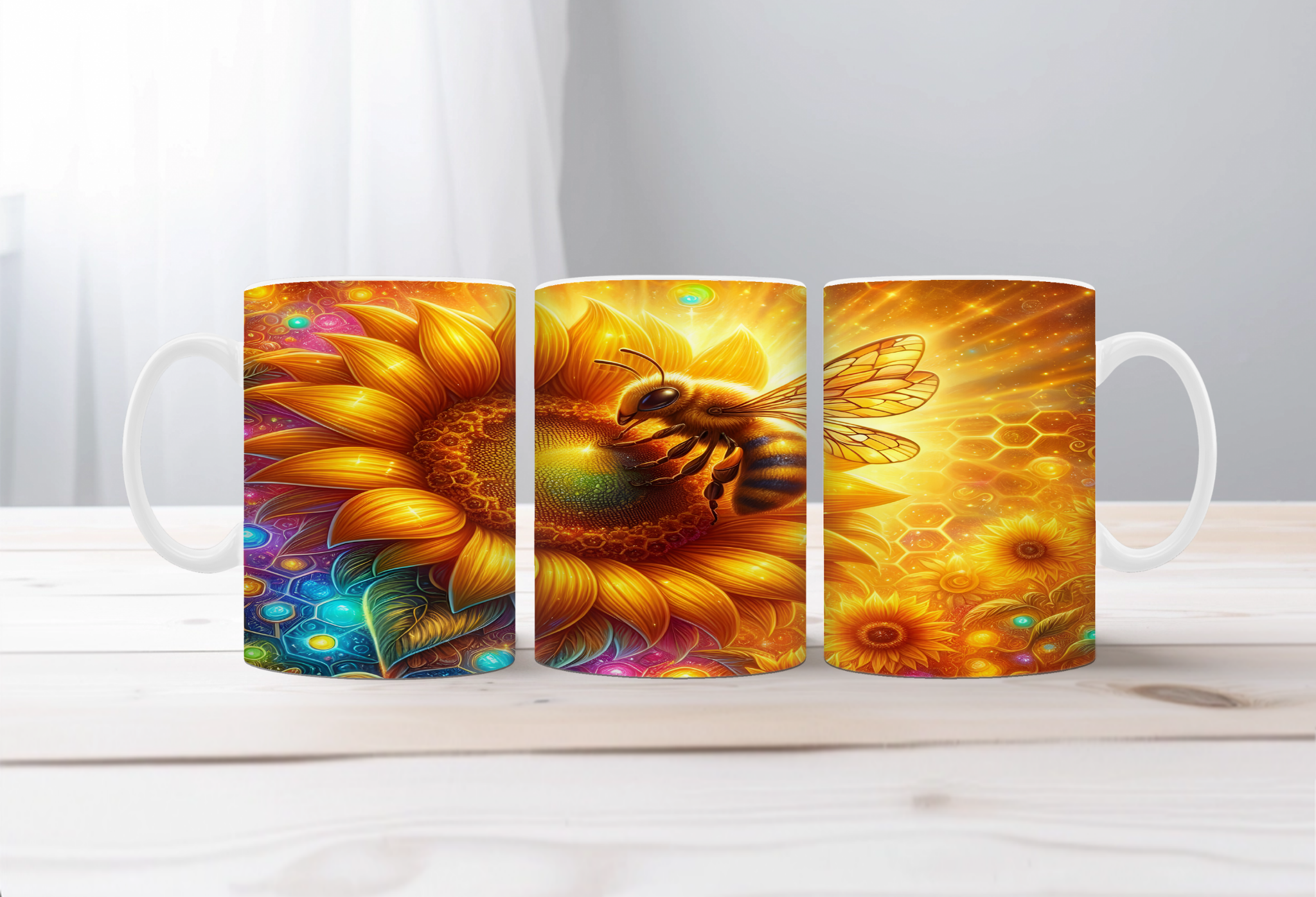 Buzzing Into the Day Honeybee Coffee Mugs. Two size options. Multiple images to choose.