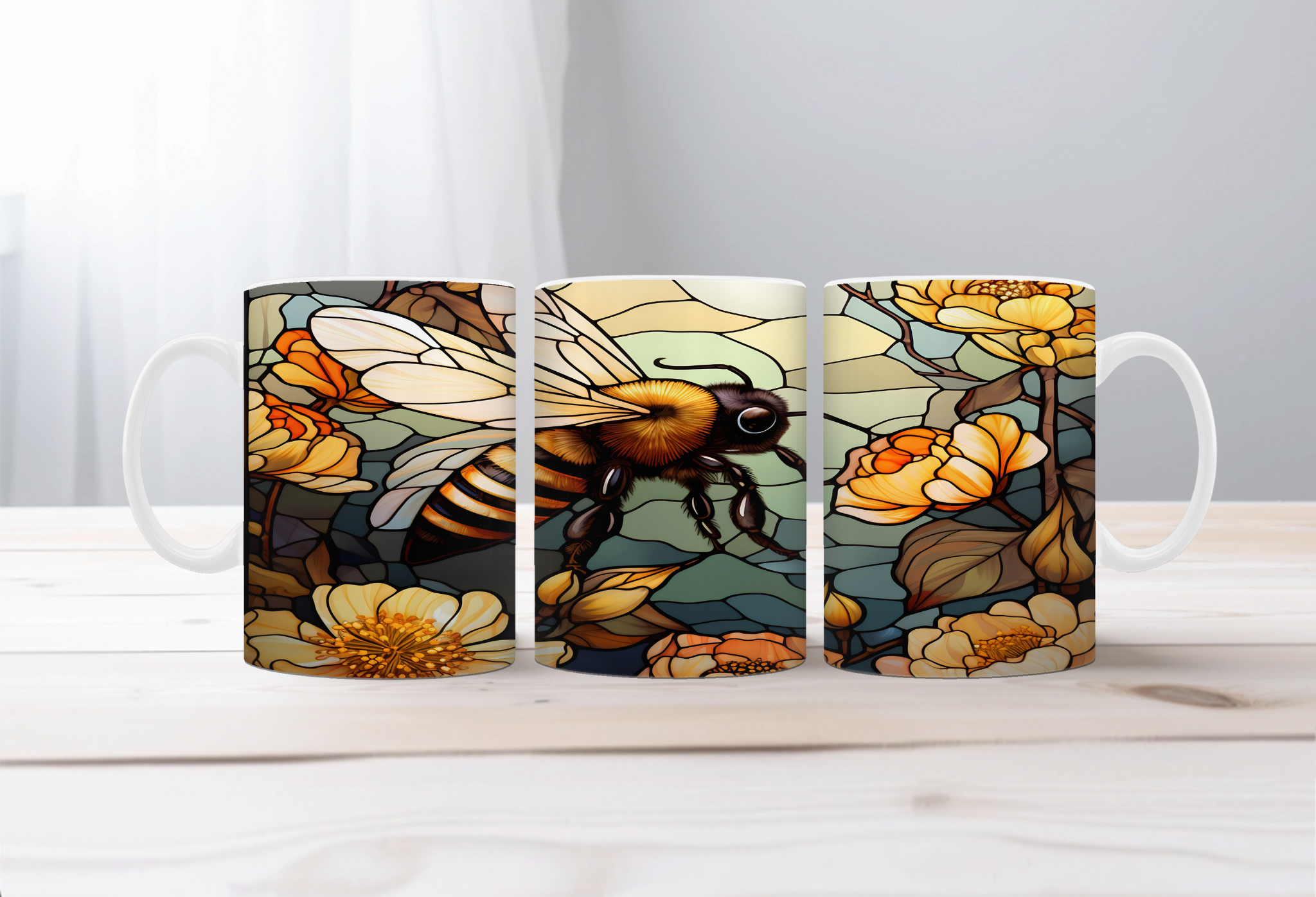 Buzzing Into the Day Honeybee Coffee Mugs. Two size options. Multiple images to choose.