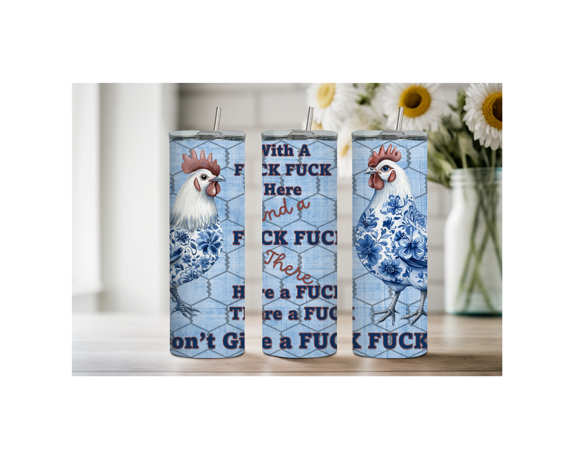 20 oz Happy Hen Chicken Stainless Steel Tumblers. Multiple Images Available