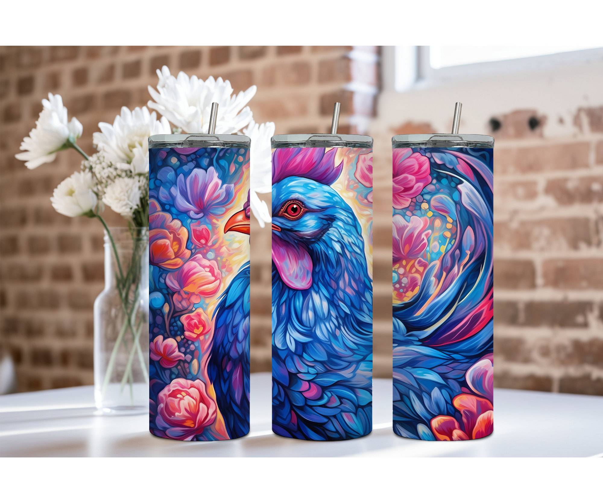 20 oz Happy Hen Chicken Stainless Steel Tumblers. Multiple Images Available