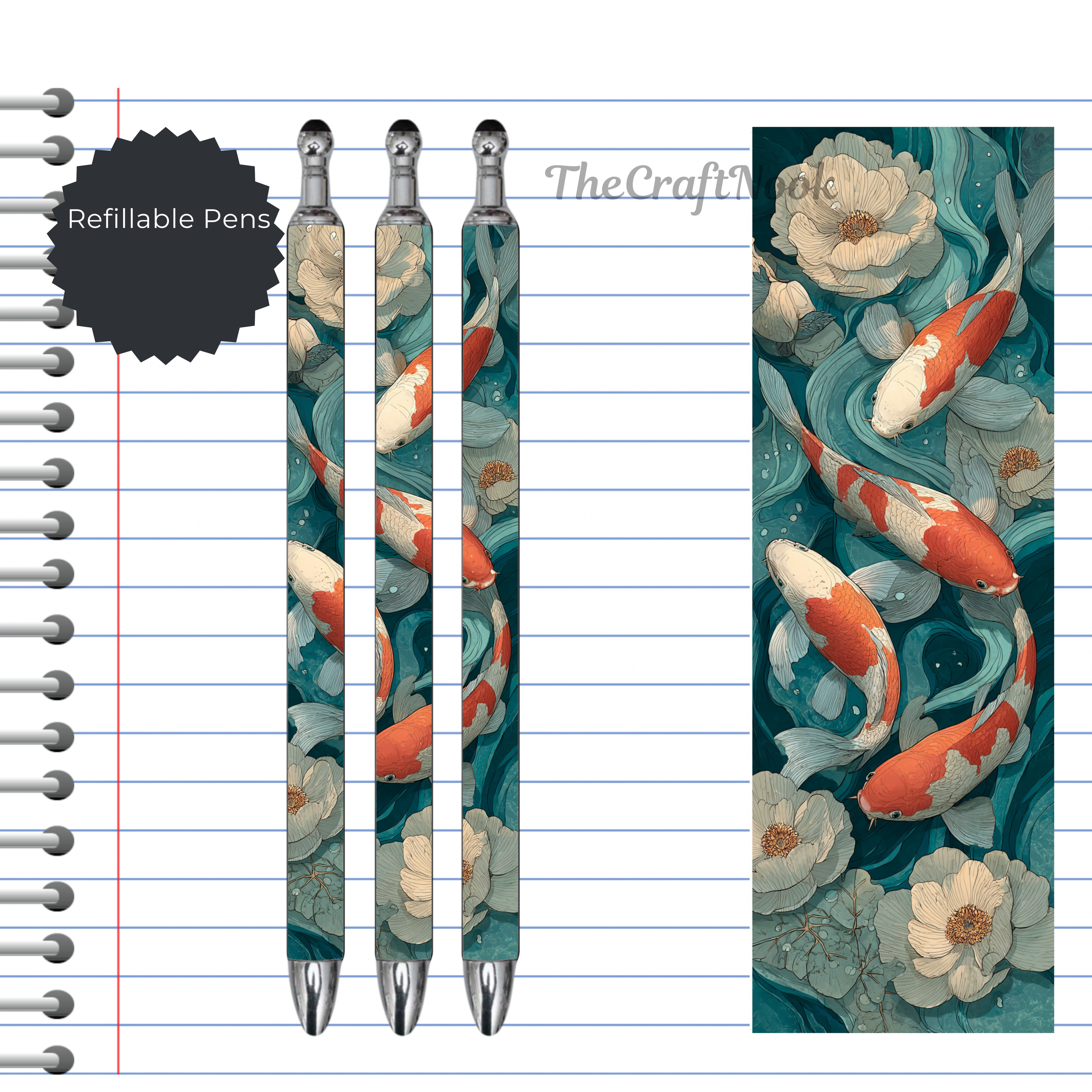 Koi Fish Refillable Pens, multiple options and Images available.