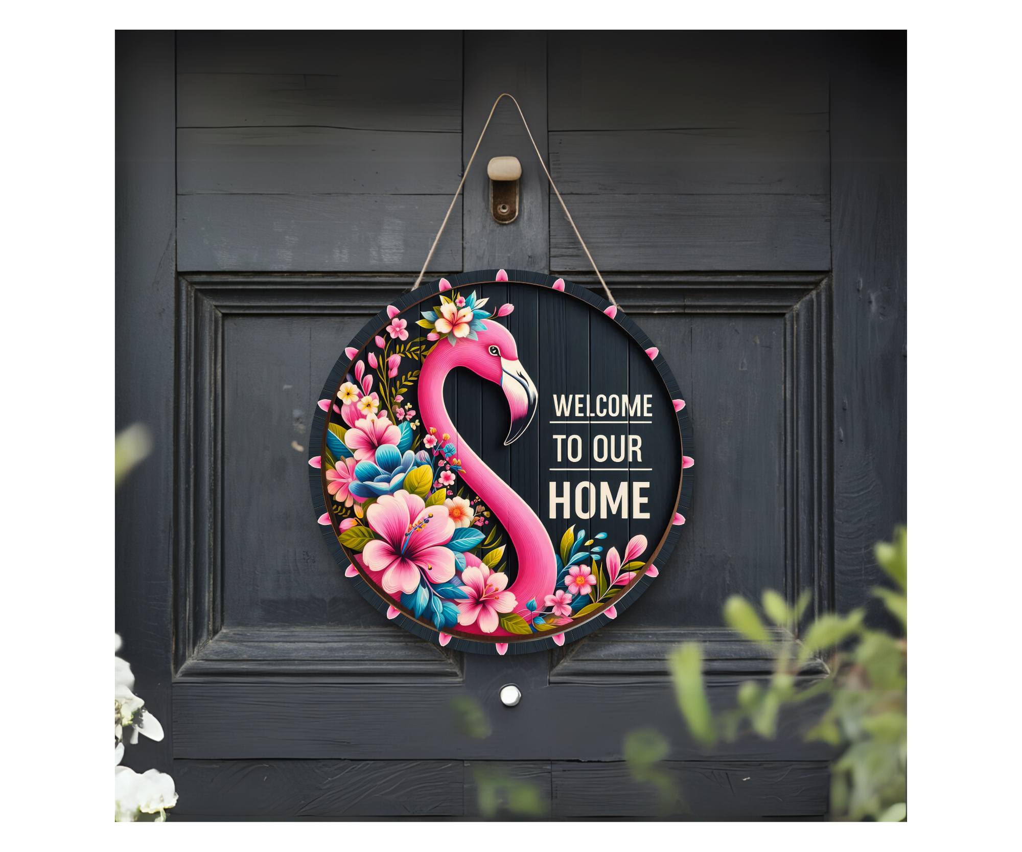 Home of the Flock Flamingo Door Signs, Multiple images options.