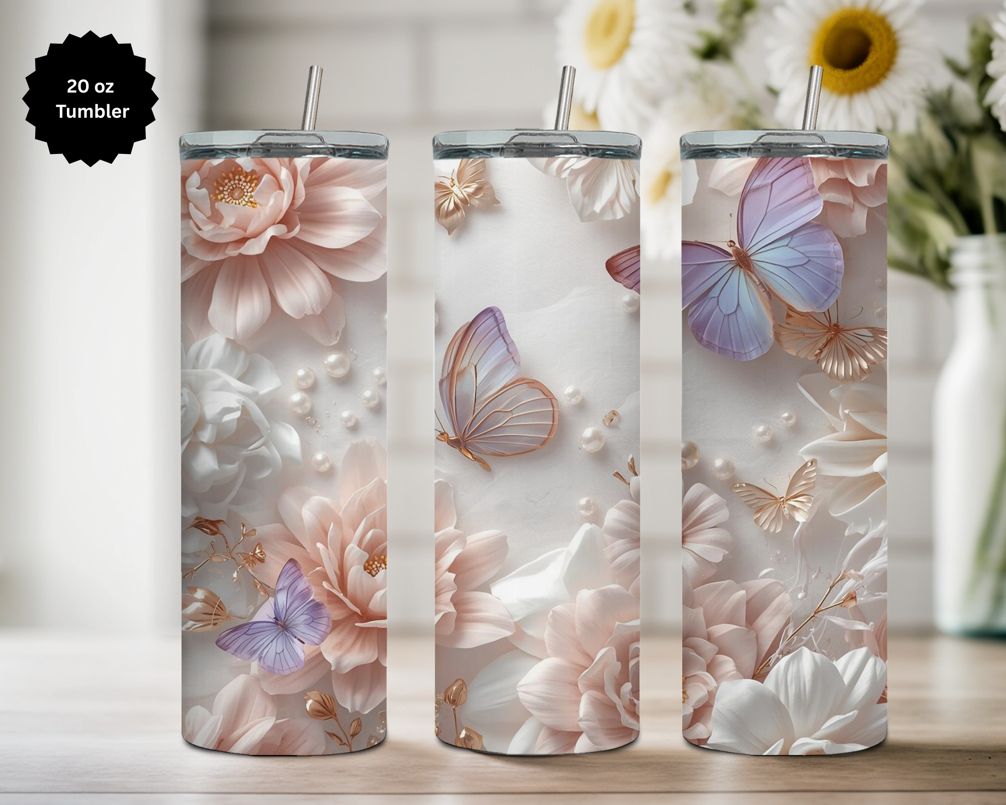 Butterfly 20 oz Stainless-Steel Tumblers. Multiple Sizes and Images Available.