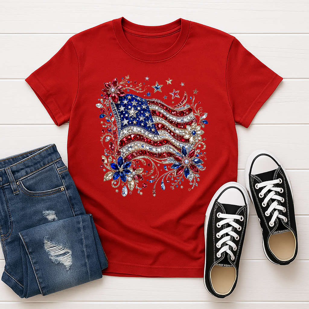 Faux Rhinestone American Flag Graphic Tee | Patriotic Shirt