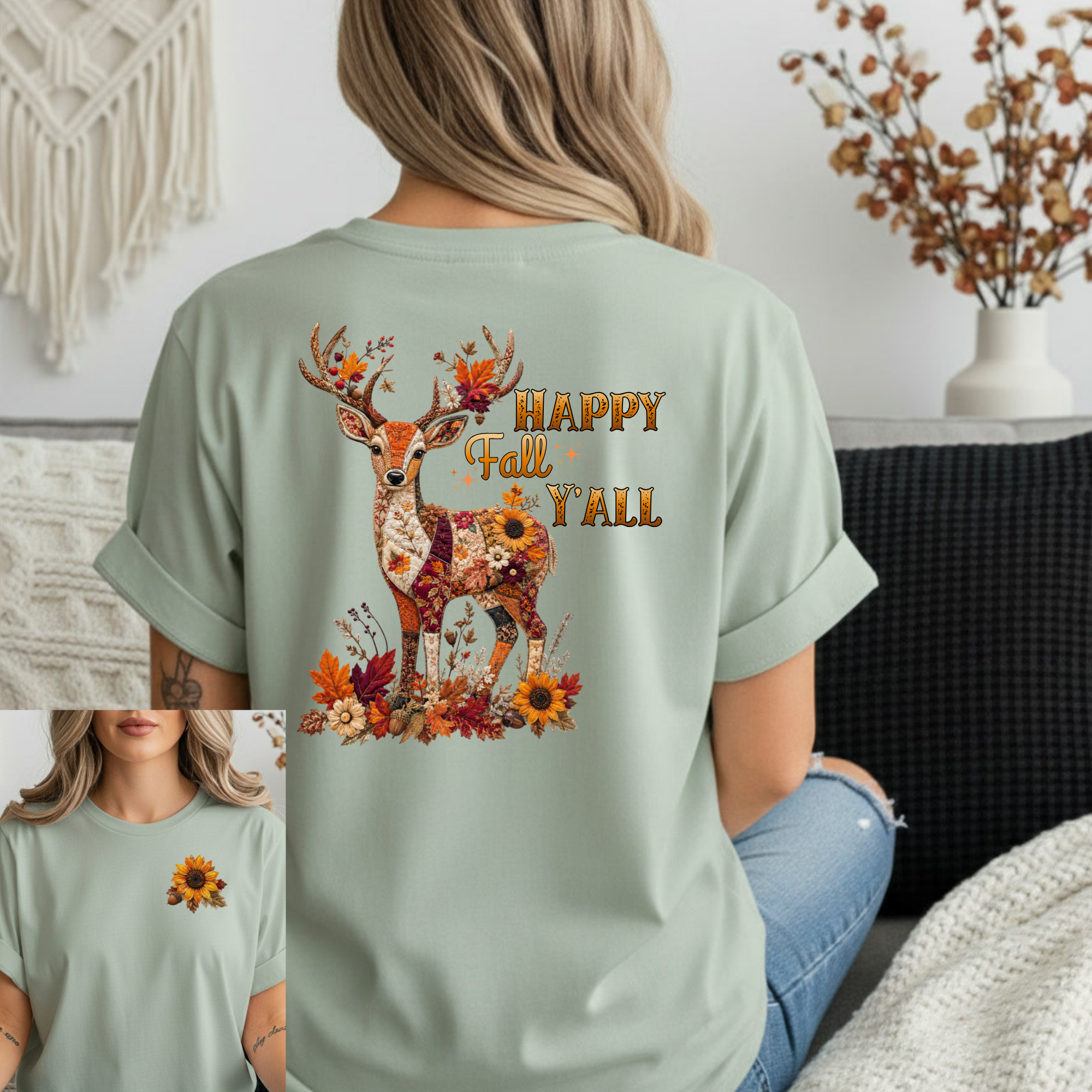 Patchwork Woodland Deer Tee Front and Back Design