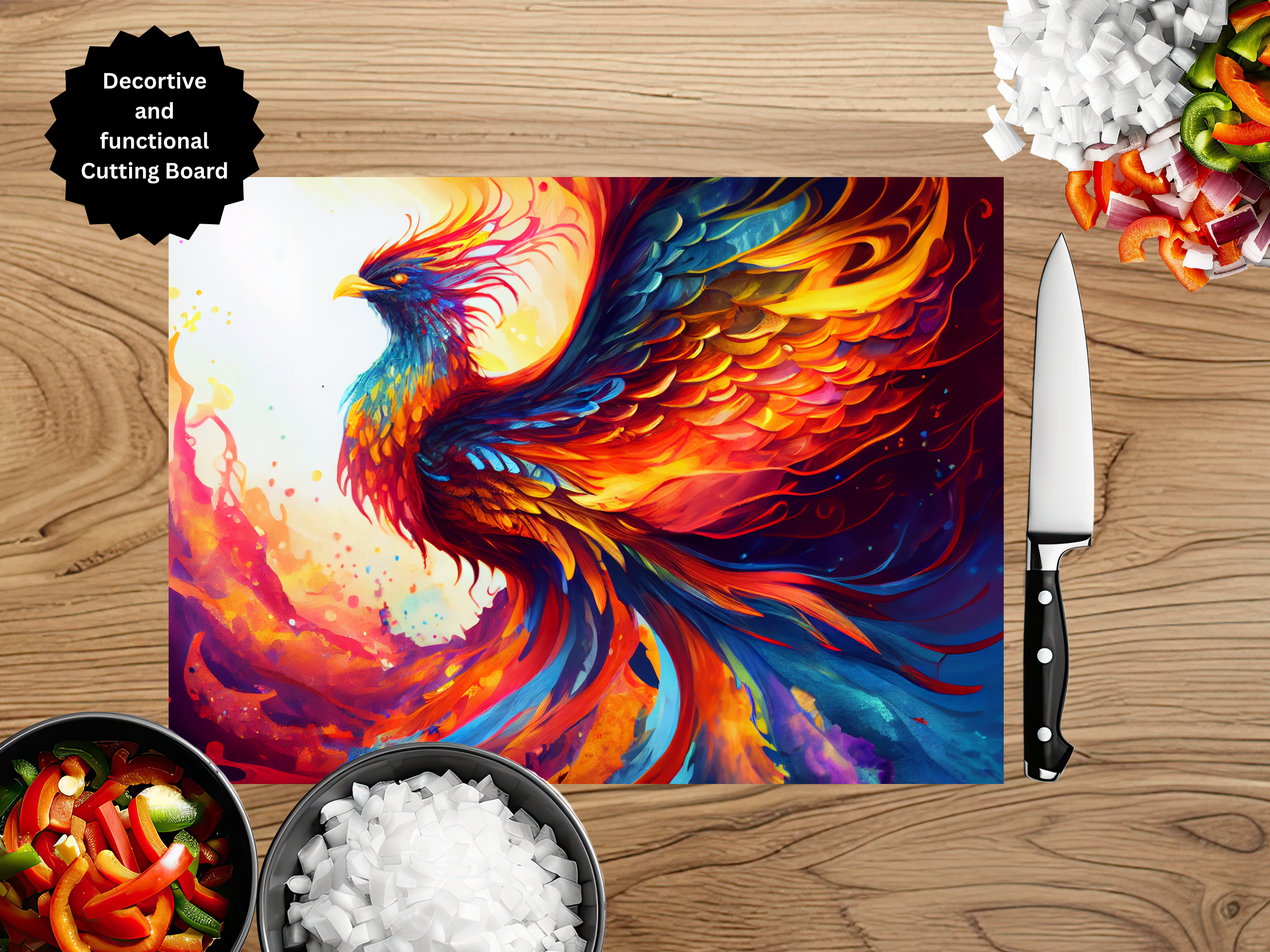 Phoenix Glass Cutting Board - Tempered Glass Kitchen Board with Fire Bird Design