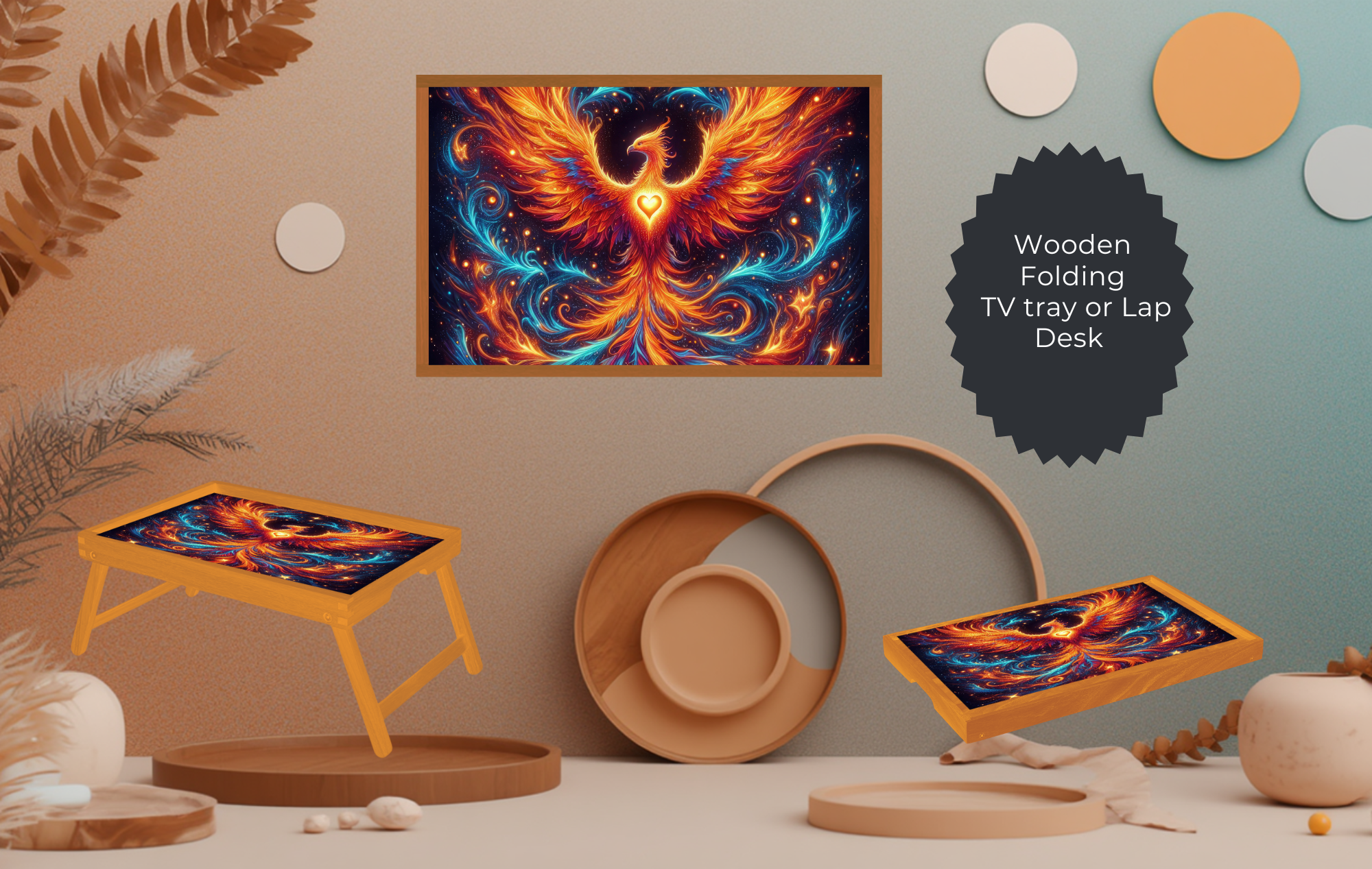 Phoenix Folding TV Tray Table - Fire Bird Wooden Lap Desk & Bed Tray