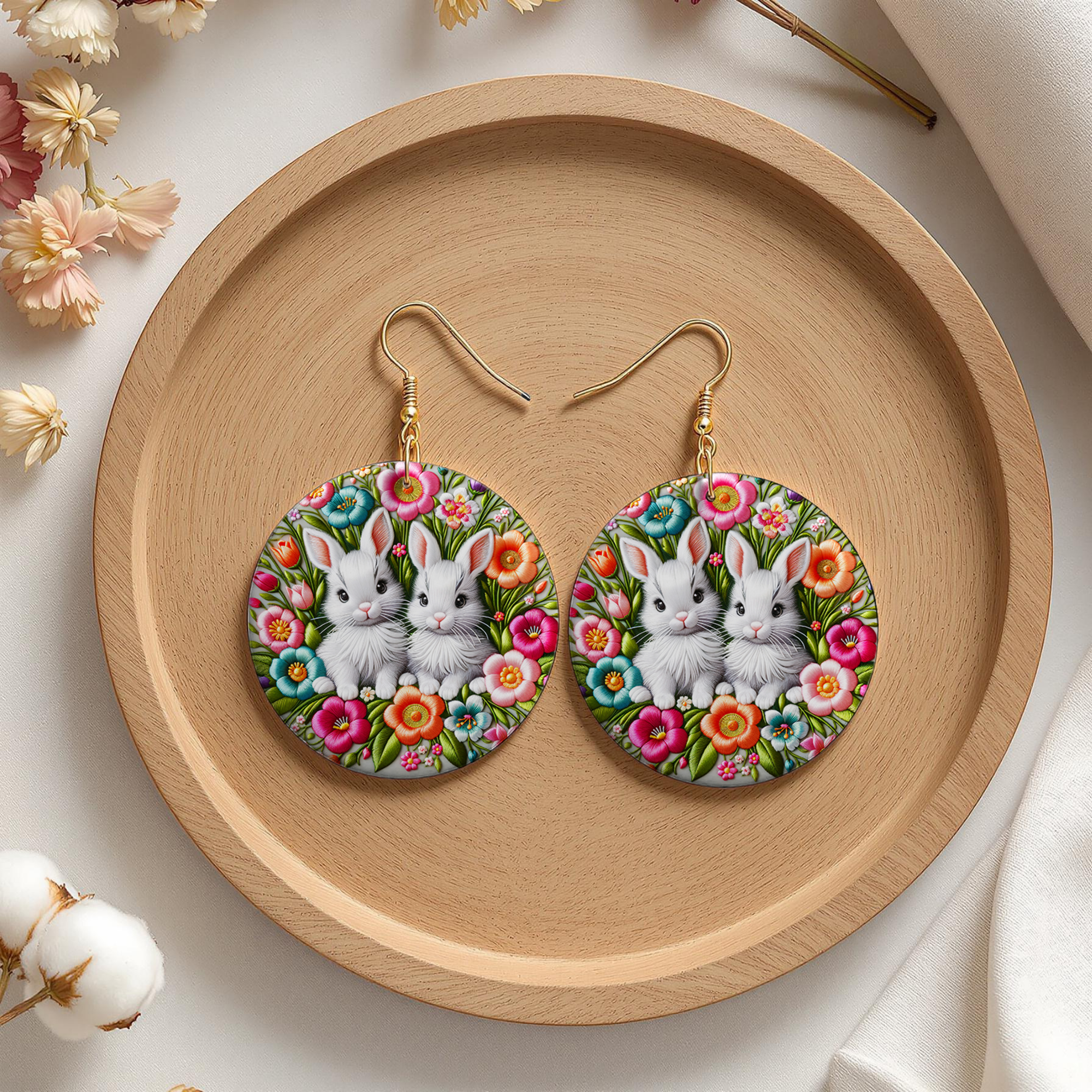 Floral Bunny Pair Easter Earrings