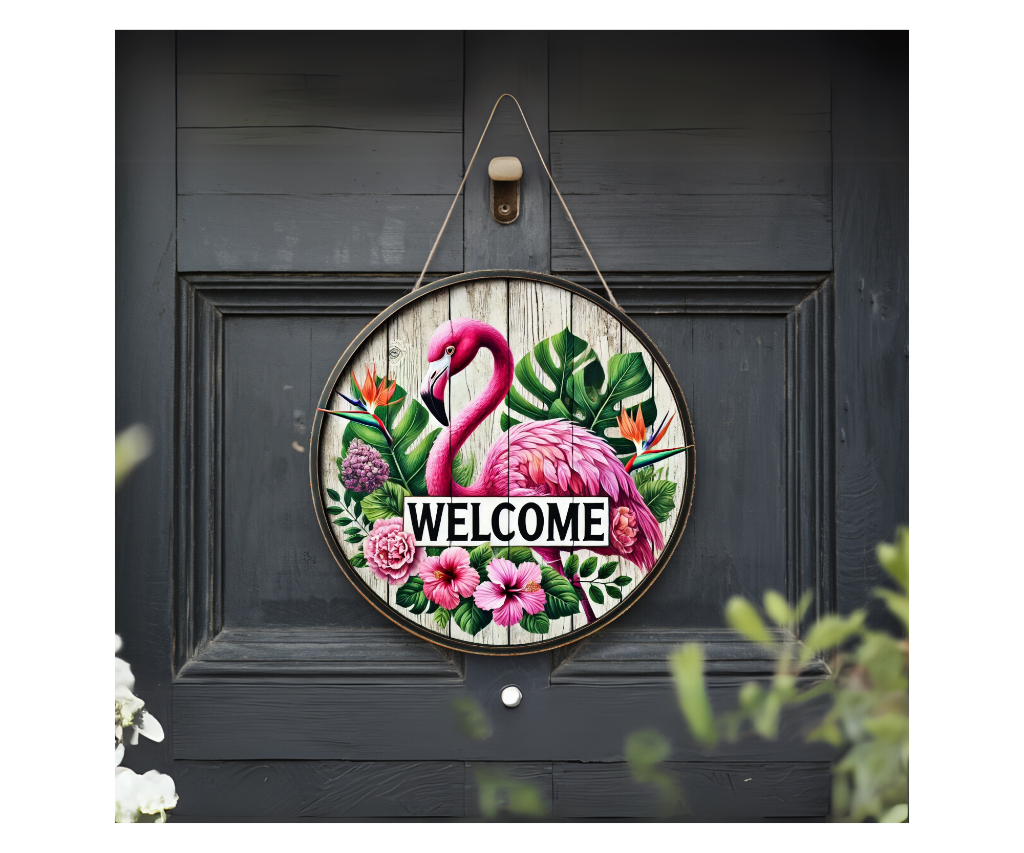 Home of the Flock Flamingo Door Signs, Multiple images options.