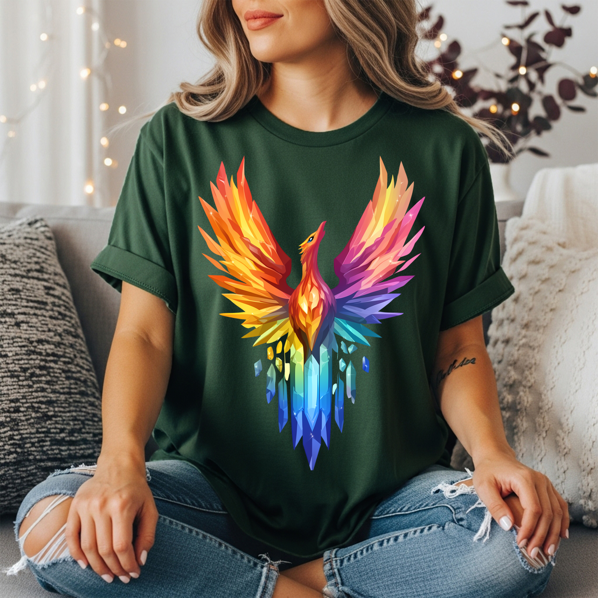 Rainbow Phoenix T-Shirt - Colorful Mythical Fire Bird Tee