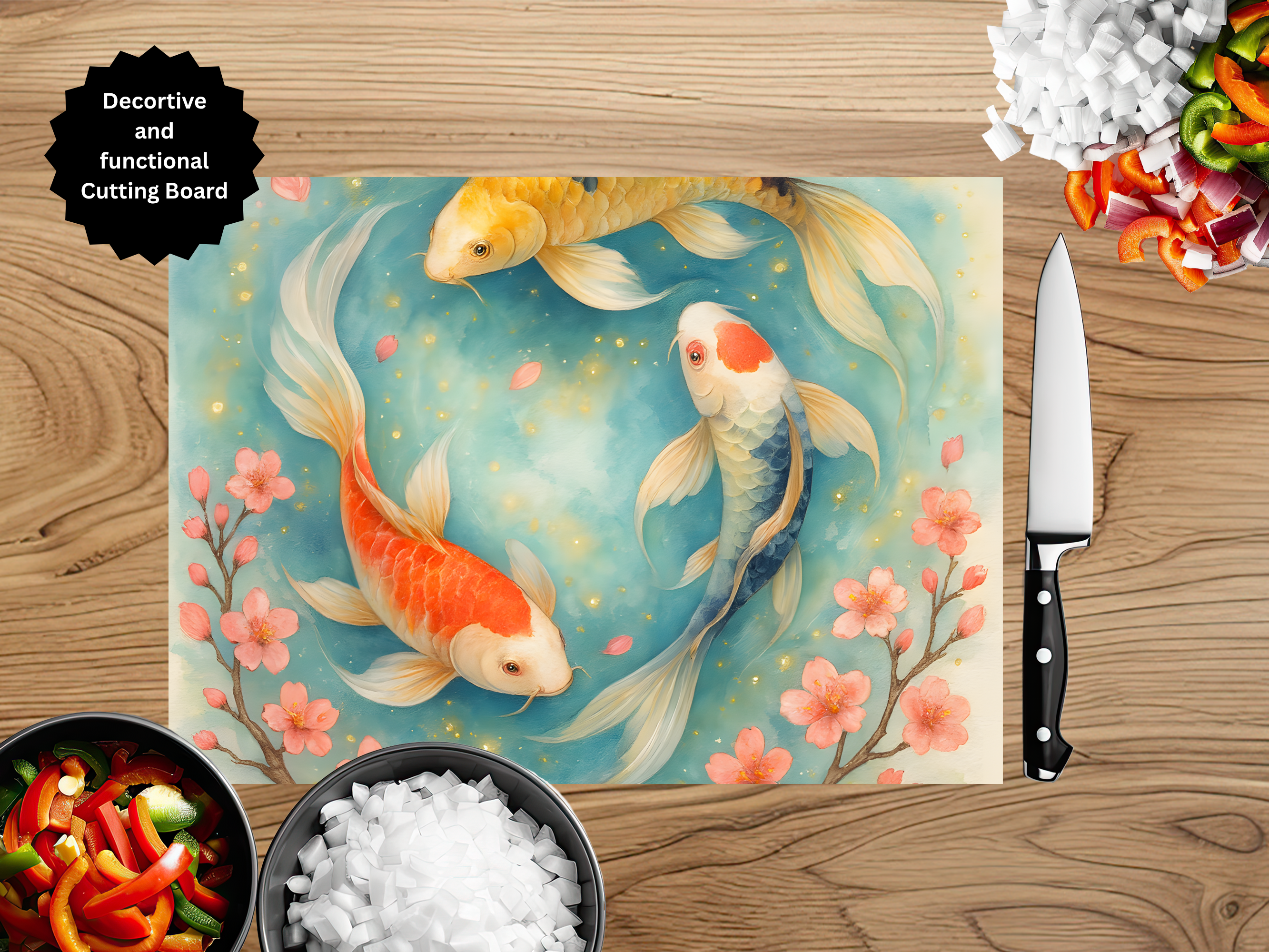 Koi Fish Glass Cutting Board - Tempered Glass Kitchen Board