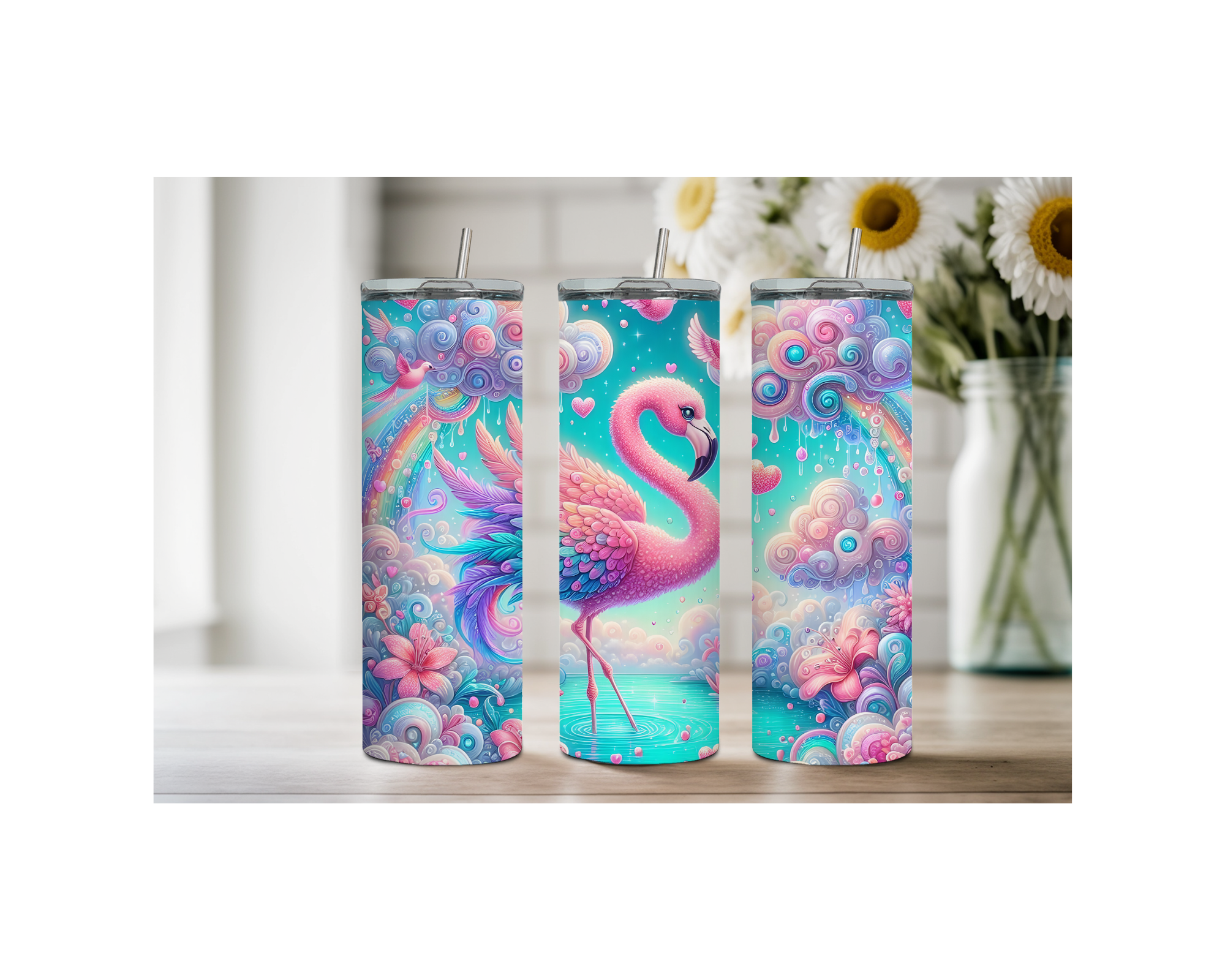 20 oz Pink Paradise Whimsy, Flamingo Stainless-Steel Tumblers. Multiple Sizes and Images Available.