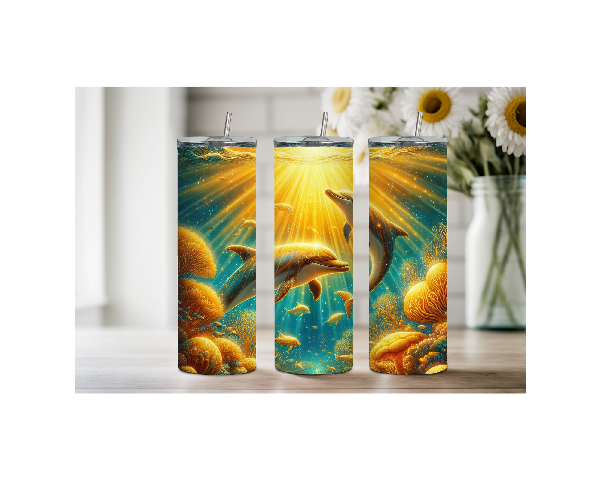 Splash of Happiness Dolphin – 20 oz Stainless-Steel Tumblers. Multiple Sizes and Images Available.