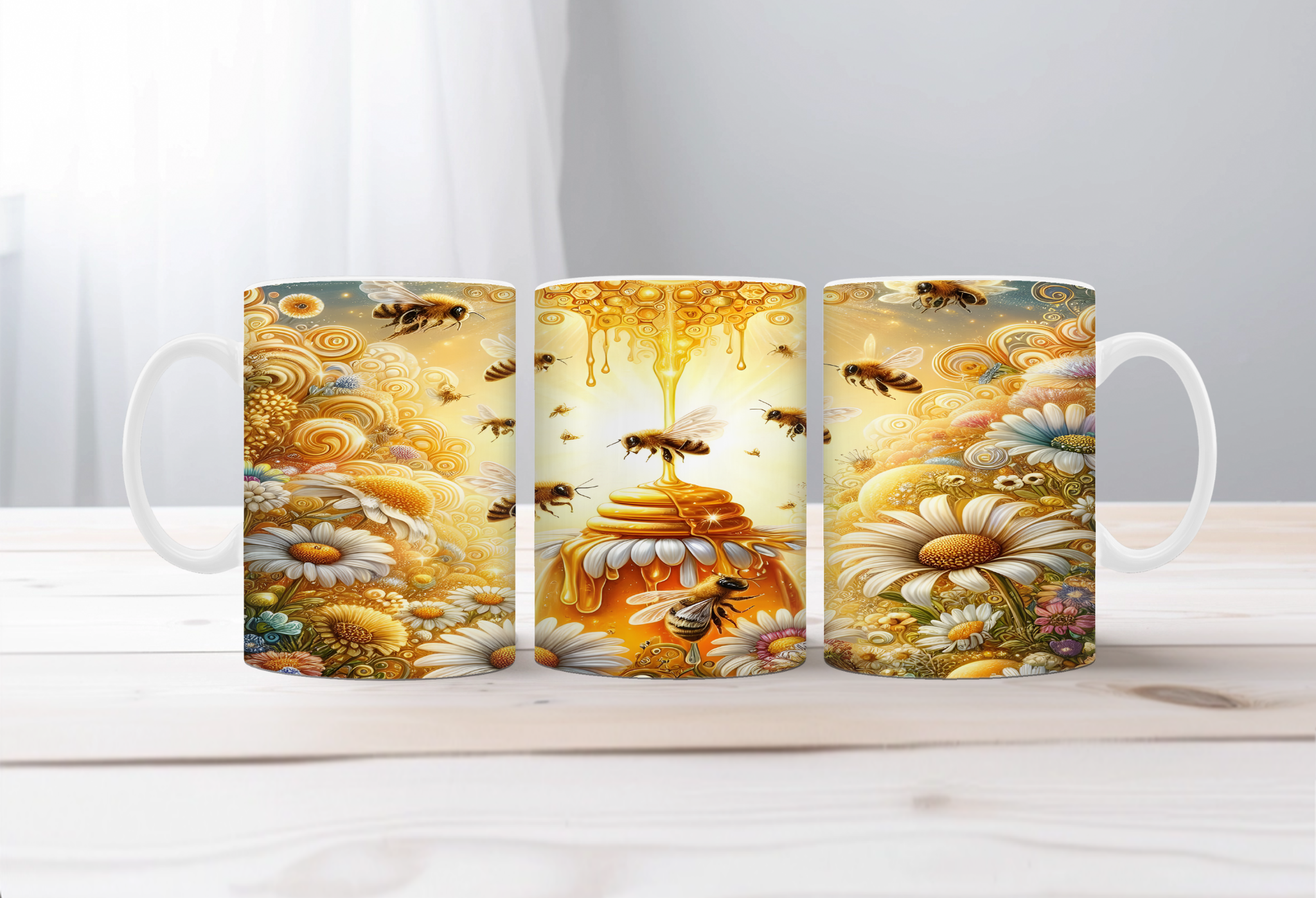 Buzzing Into the Day Honeybee Coffee Mugs. Two size options. Multiple images to choose.