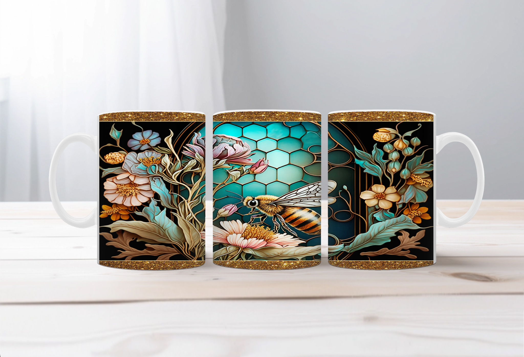 Buzzing Into the Day Honeybee Coffee Mugs. Two size options. Multiple images to choose.
