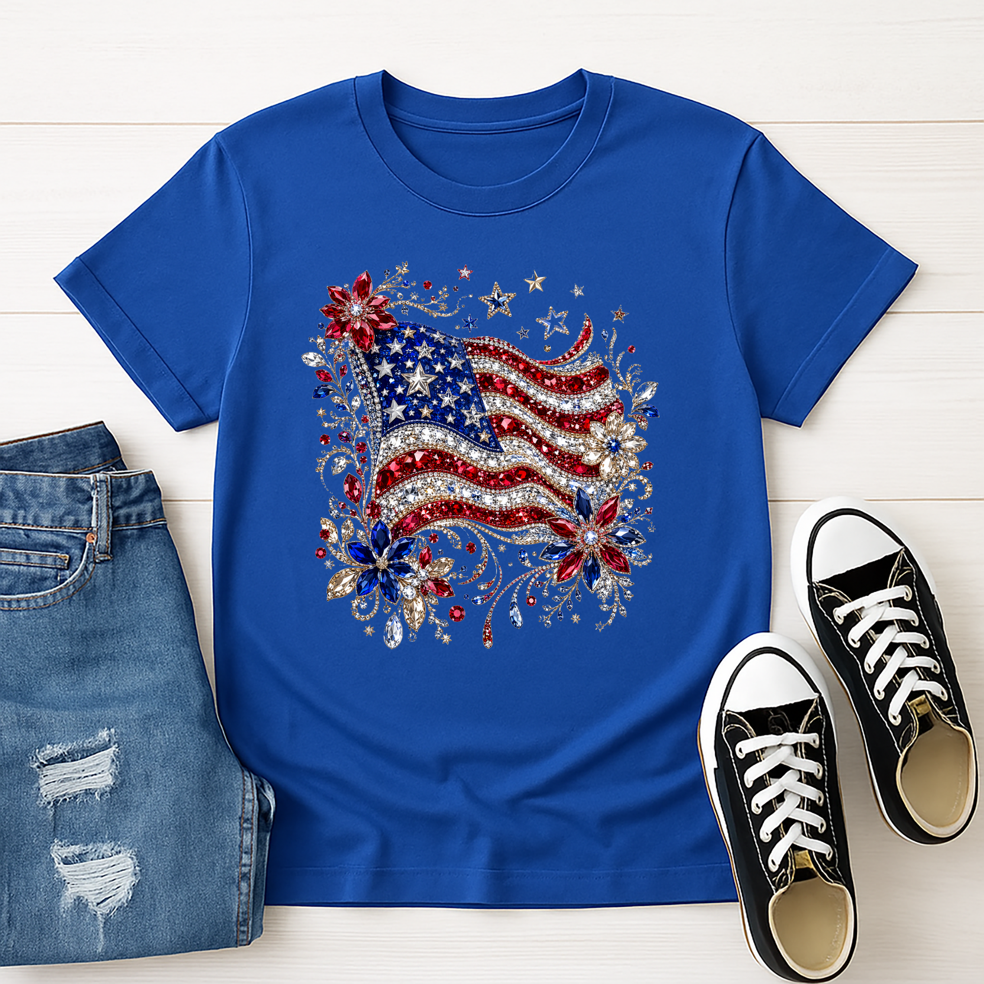 Faux Rhinestone American Flag Graphic Tee | Patriotic Shirt
