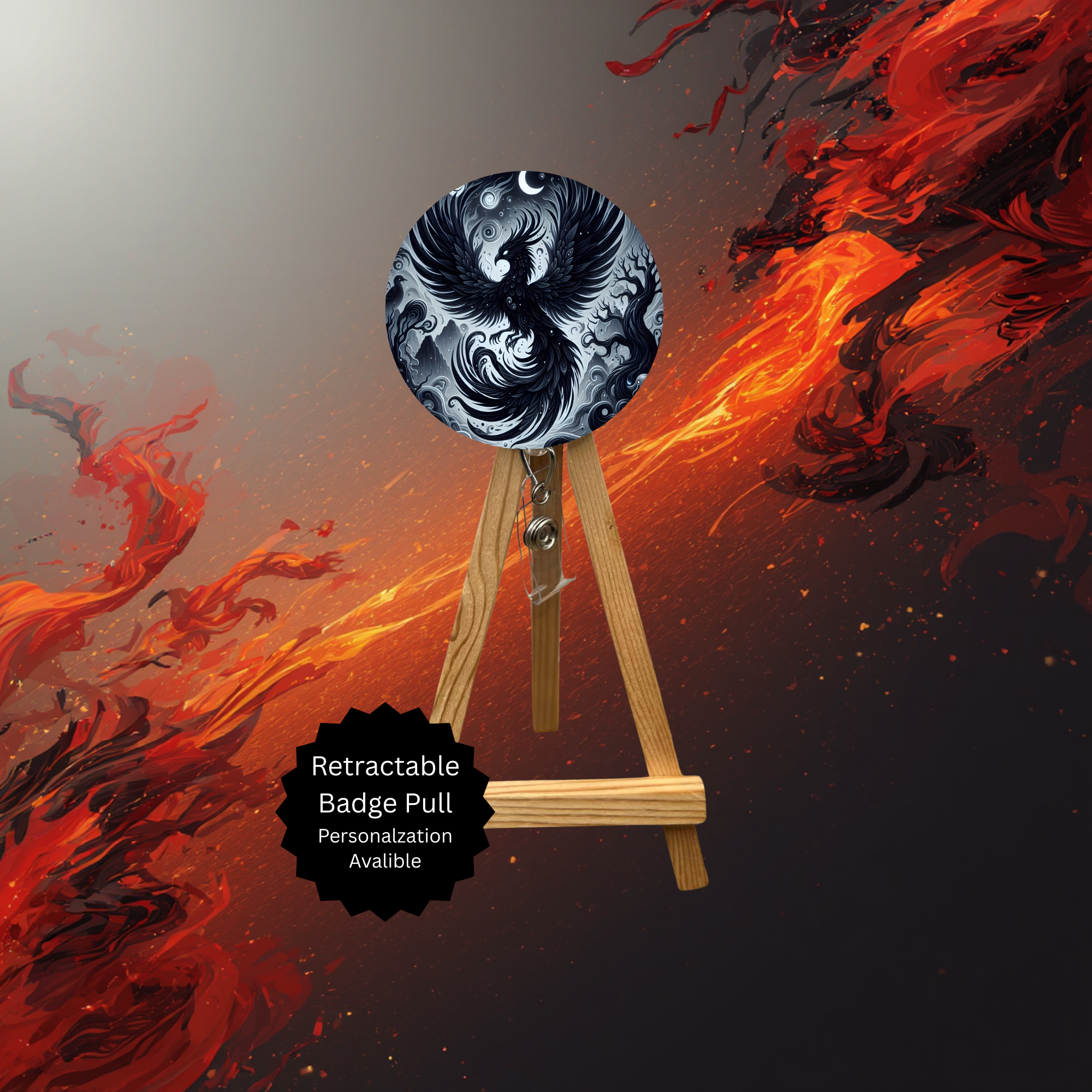 Phoenix Badge Pulls - Mythical Fire Bird ID Holder with Beads & Glitter Options