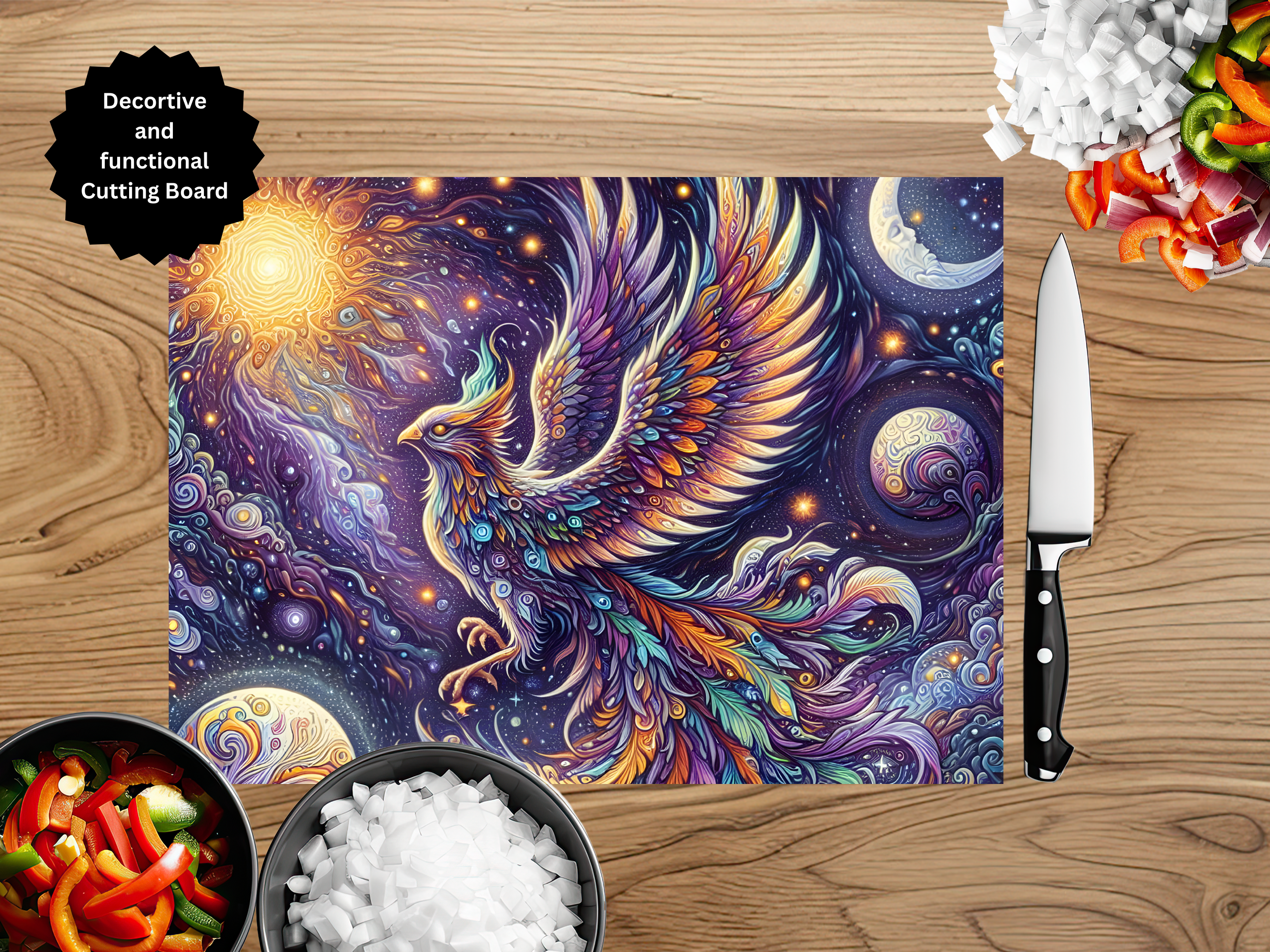 Phoenix Glass Cutting Board - Tempered Glass Kitchen Board with Fire Bird Design