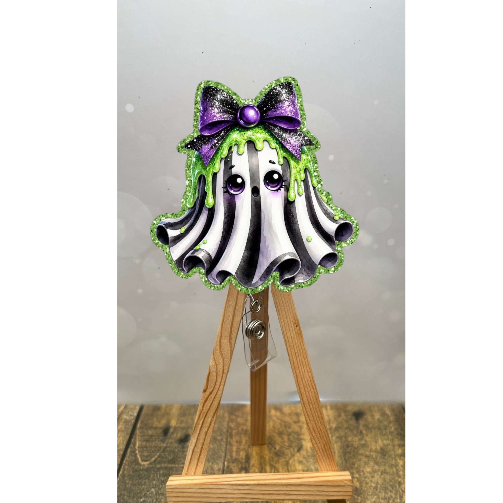 Cute Ghost Badge Pull – Glitter ID Holder with Optional Beads