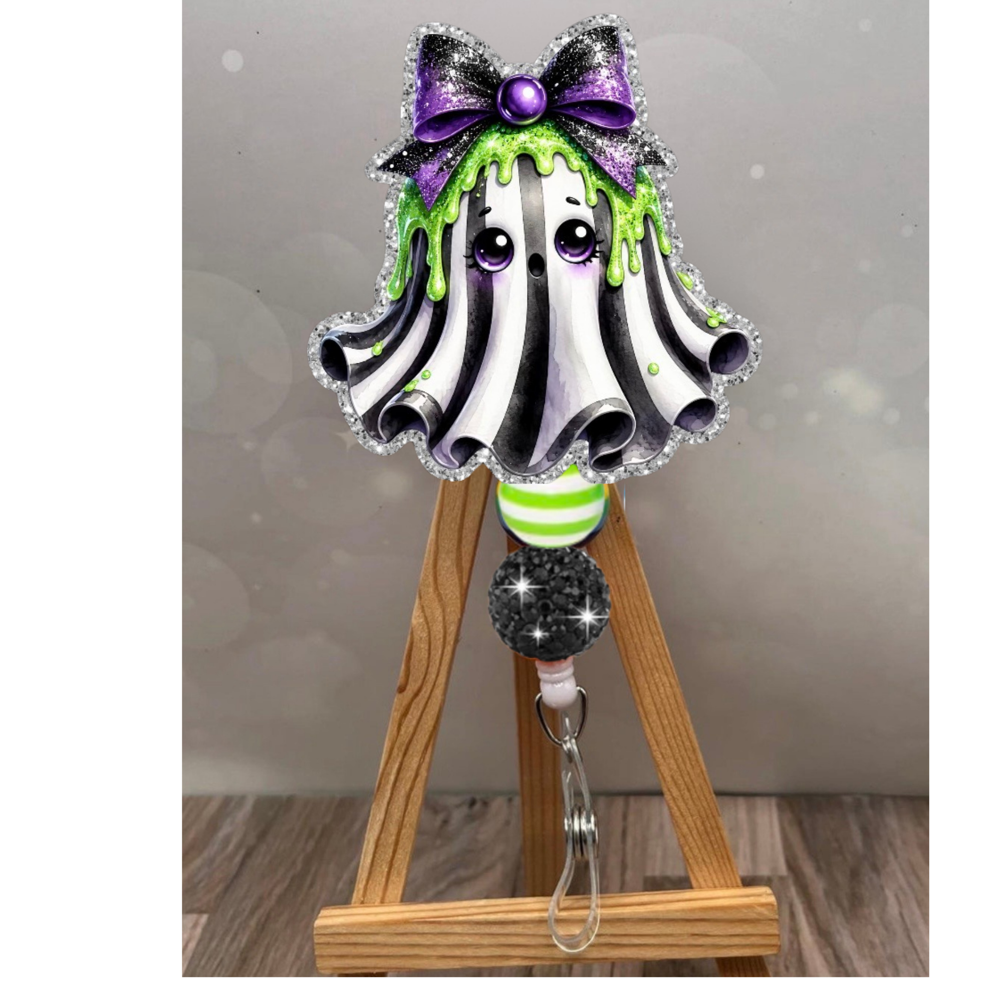 Cute Ghost Badge Pull – Glitter ID Holder with Optional Beads