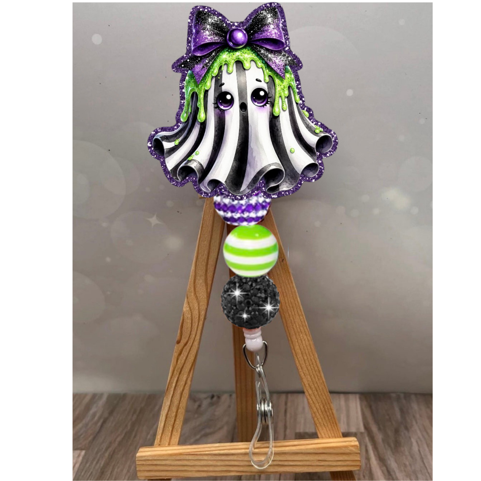 Cute Ghost Badge Pull – Glitter ID Holder with Optional Beads