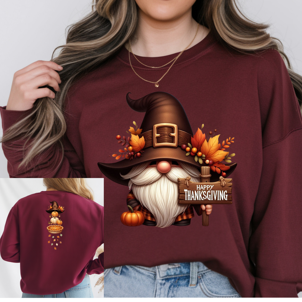 Thanksgiving Gnome Tee – Front & Back Graphic Long Sleeve