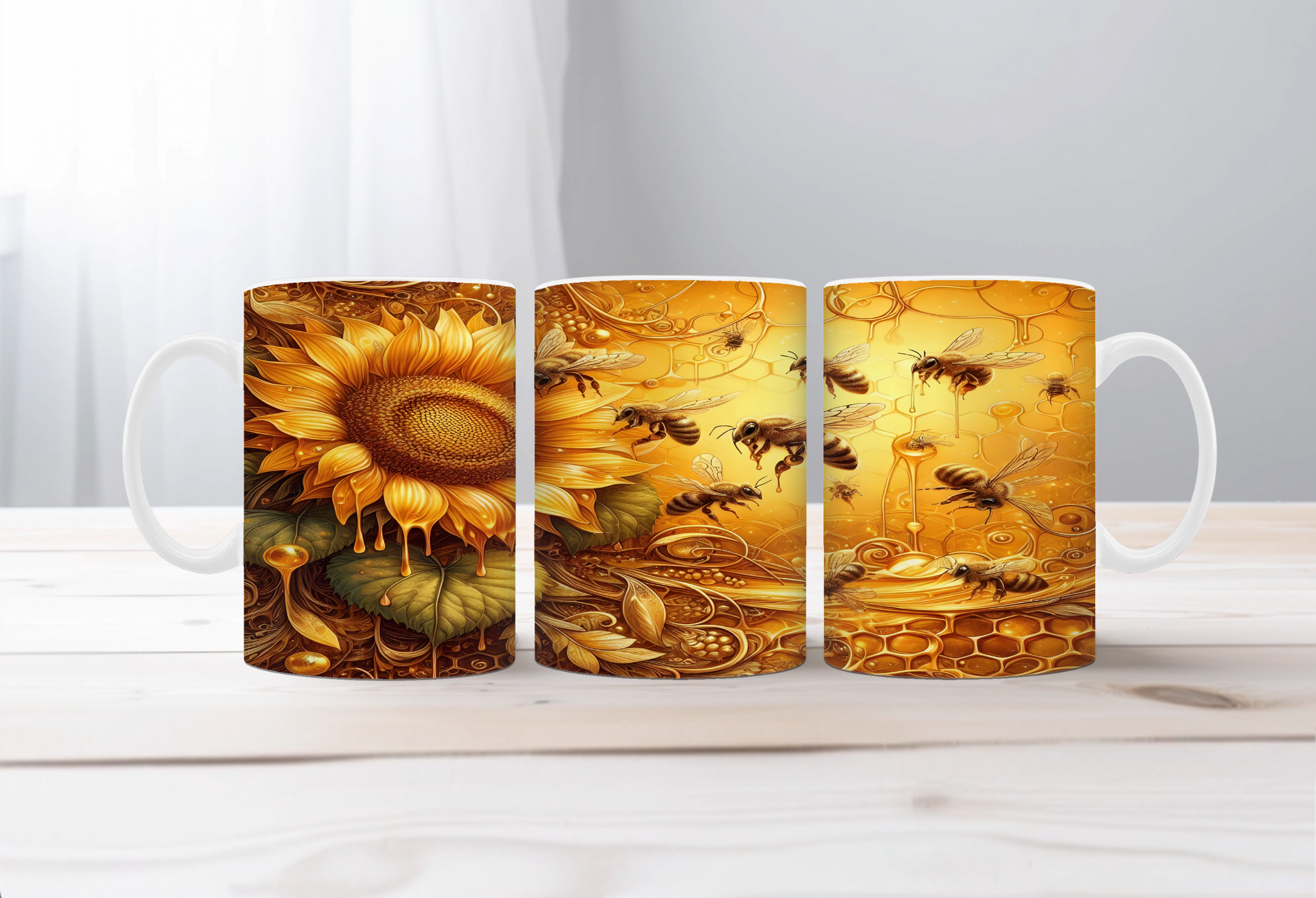 Buzzing Into the Day Honeybee Coffee Mugs. Two size options. Multiple images to choose.